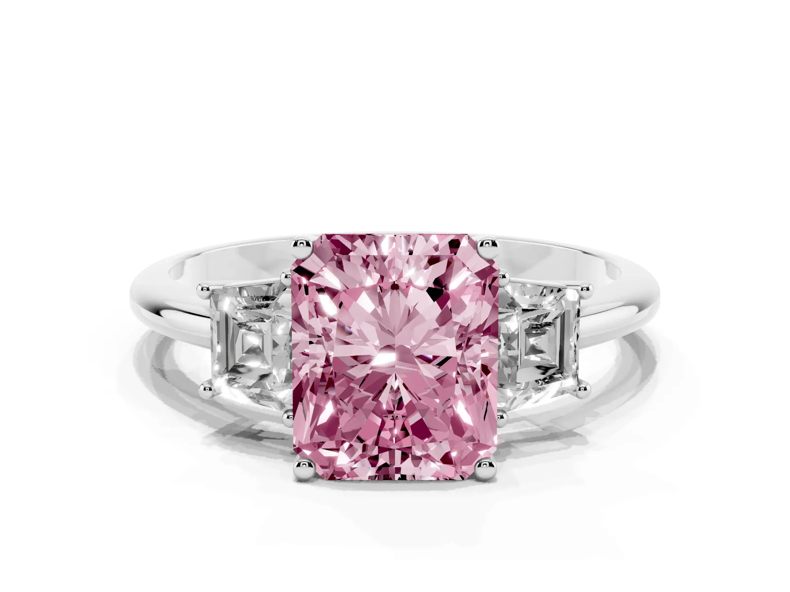 Fancy Pink Radiant Cut Diamond Three-Stone Ring with Trapezoid Side Stones and Prong Setting Platinum