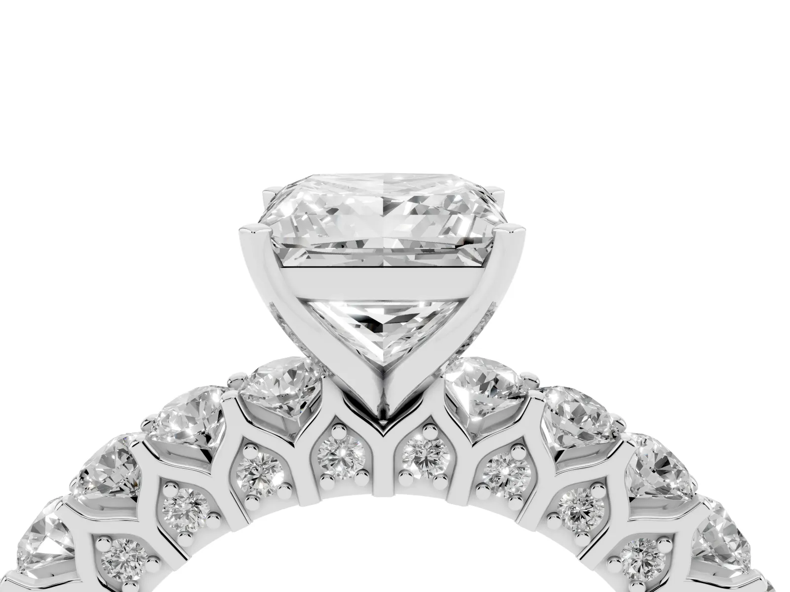 Princess Cut Diamond Solitaire Ring with Shared Prong Pavé Band and Four-Prong Setting White gold