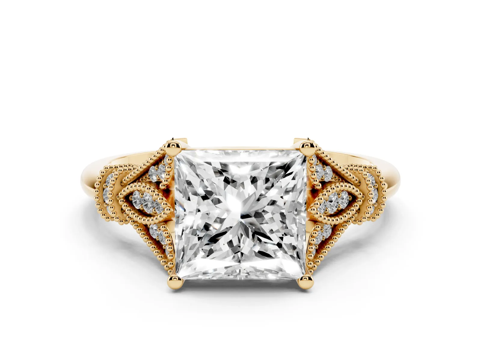 Princess Cut Diamond Solitaire Ring with Floral Filigree and Pave Accents Yellow gold