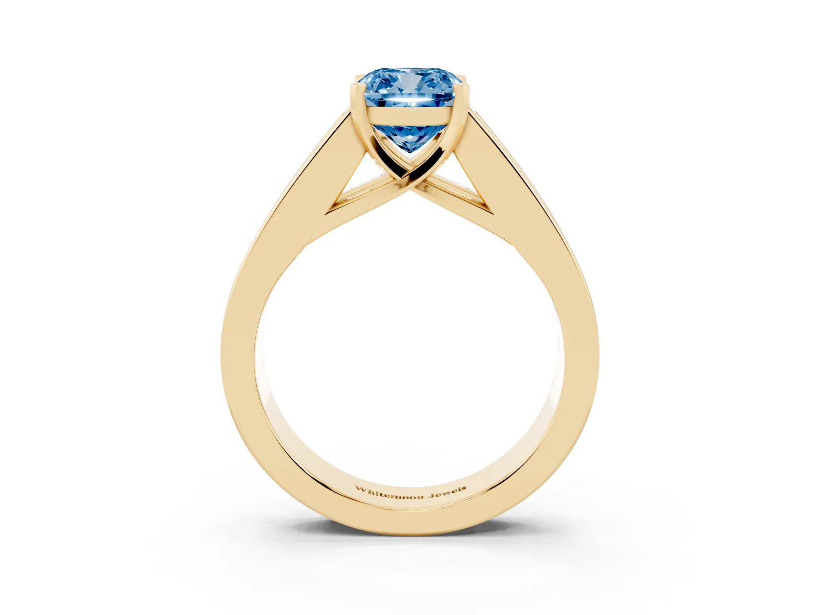 Fancy Blue Cushion Cut Cut Channel Set Solitaire Ring with Four-Prong Setting Yellow gold