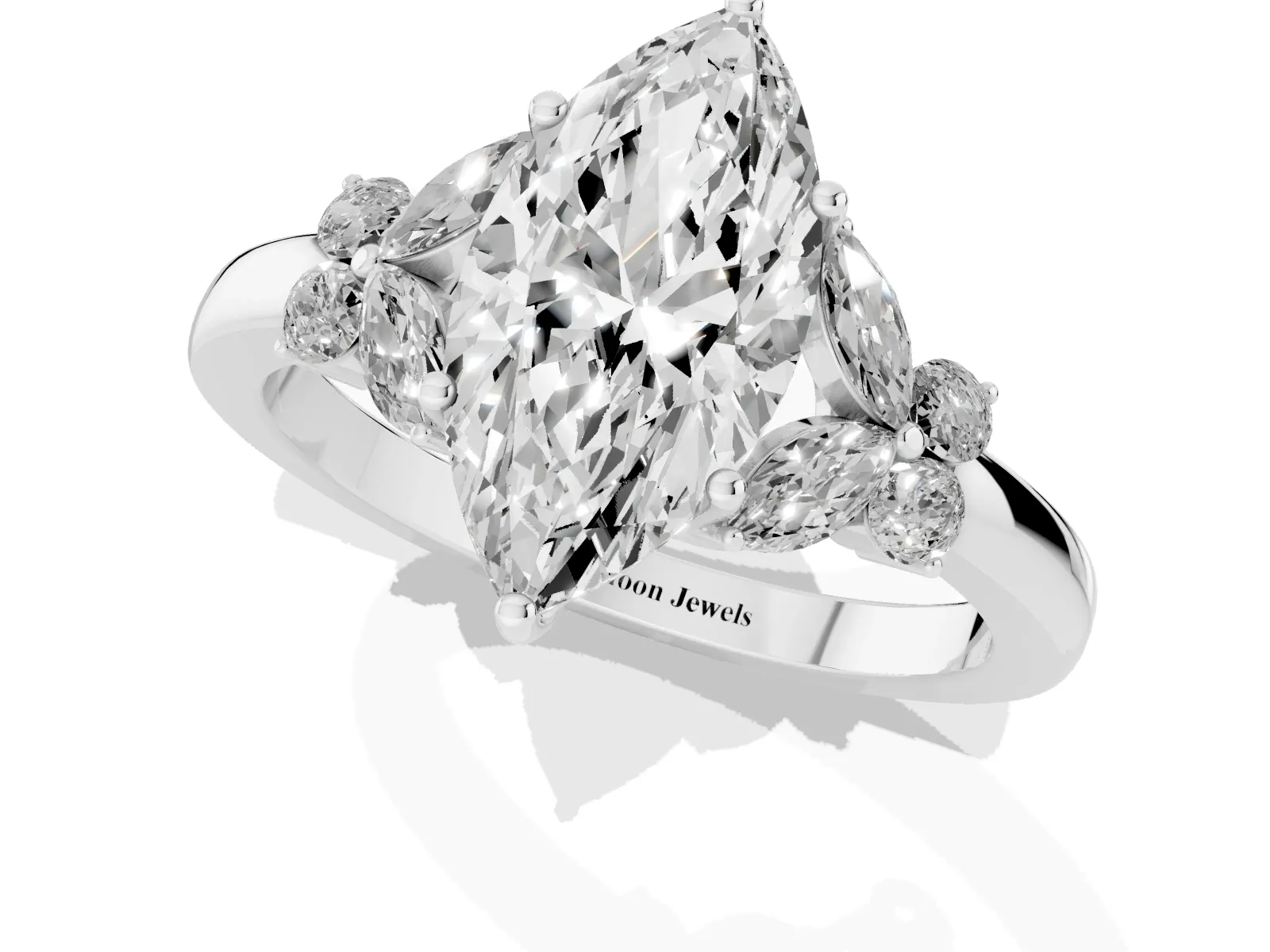 Marquise Cut Cut Solitaire Floral Diamond Ring with Four-Prong Setting Platinum