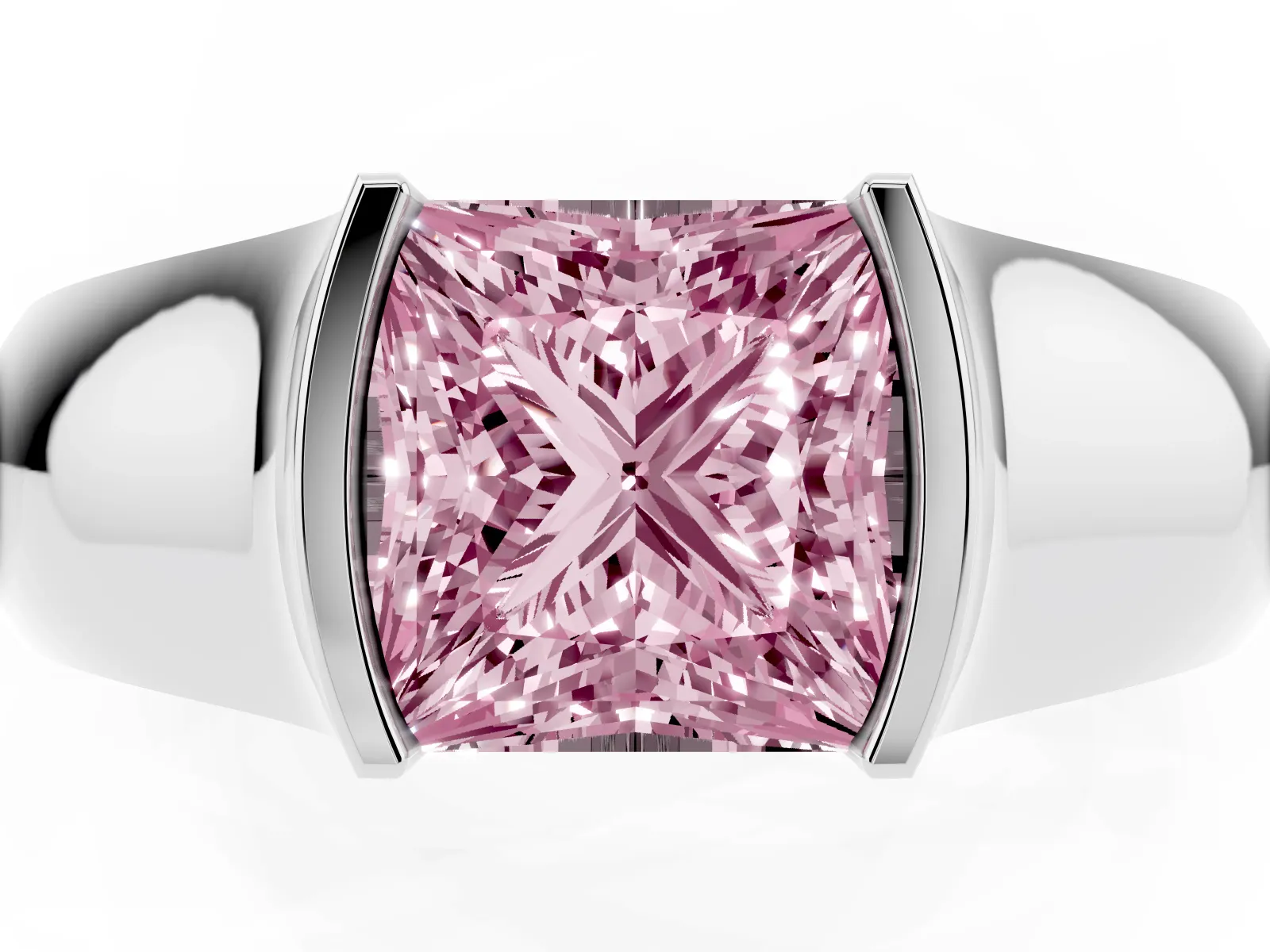 Fancy Pink Princess Cut Solitaire Bezel Set Diamond Ring with Wide Band White gold