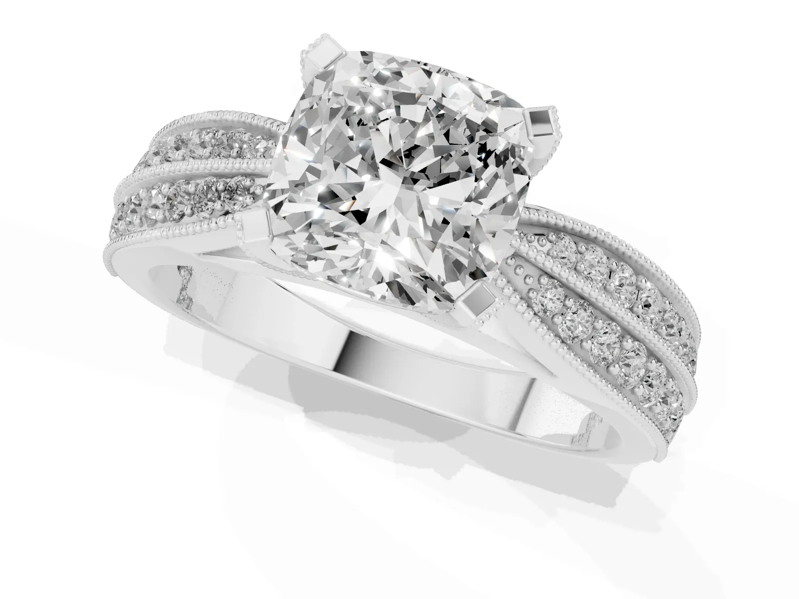 Cushion Cut Diamond Solitaire Ring with Milgrain Round Pavé Band and Prong Setting Platinum