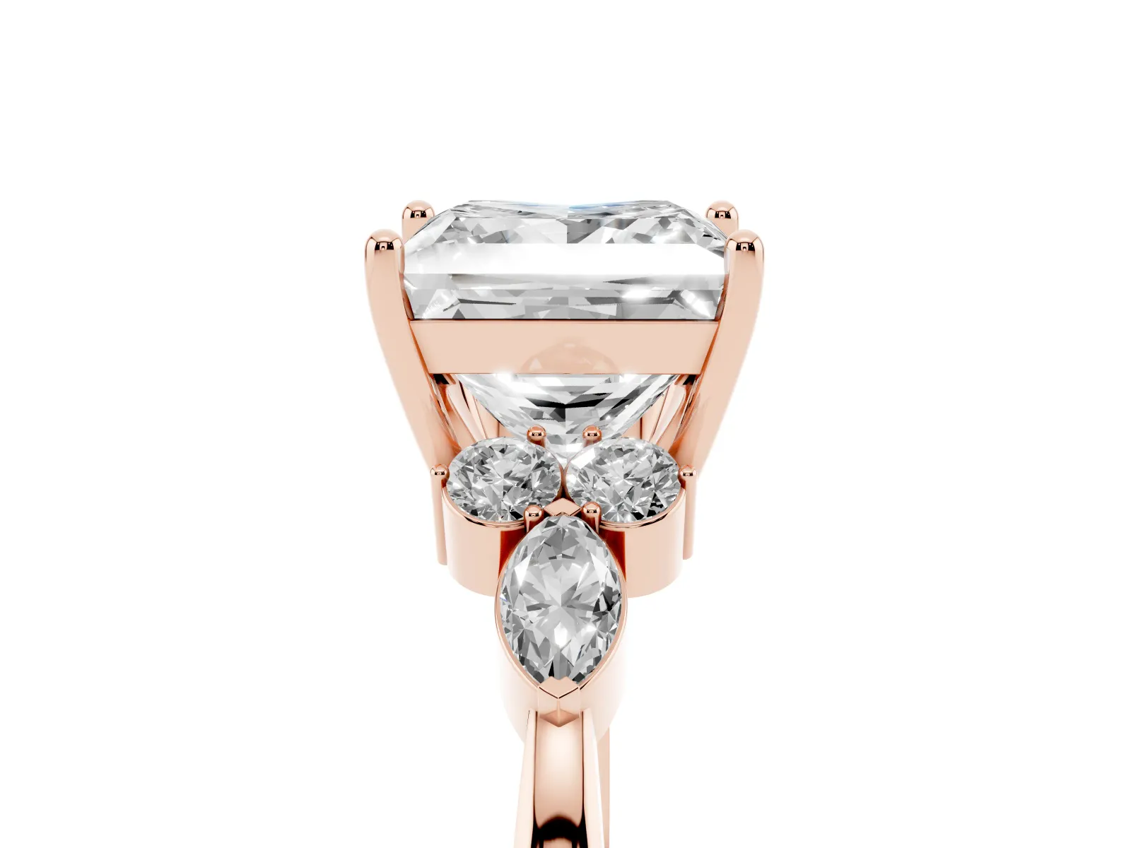 Princess Cut Brilliant Diamond Solitaire Ring with Pear Side Stones and Four-Prong Setting Rose gold