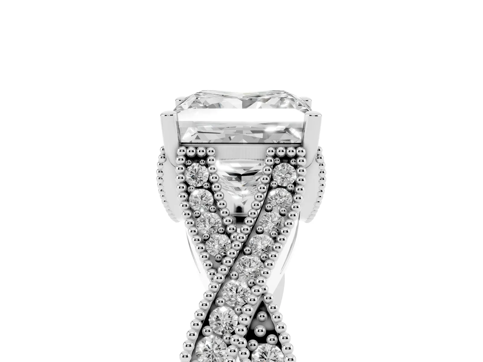 Princess Cut Cut Diamond Twisted Band with Milgrain Pave Setting and Four-Prong Setting Platinum