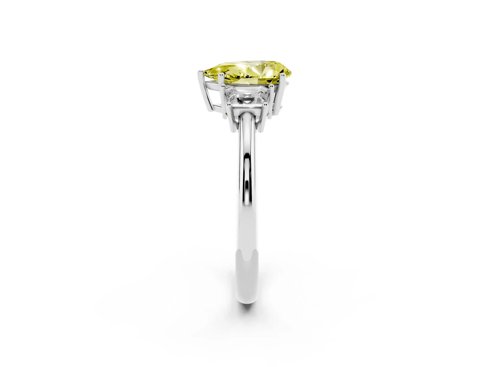 Fancy Yellow Pear Cut Diamond Three-Stone Ring with Trapezoid Side Stones and Prong Setting Platinum