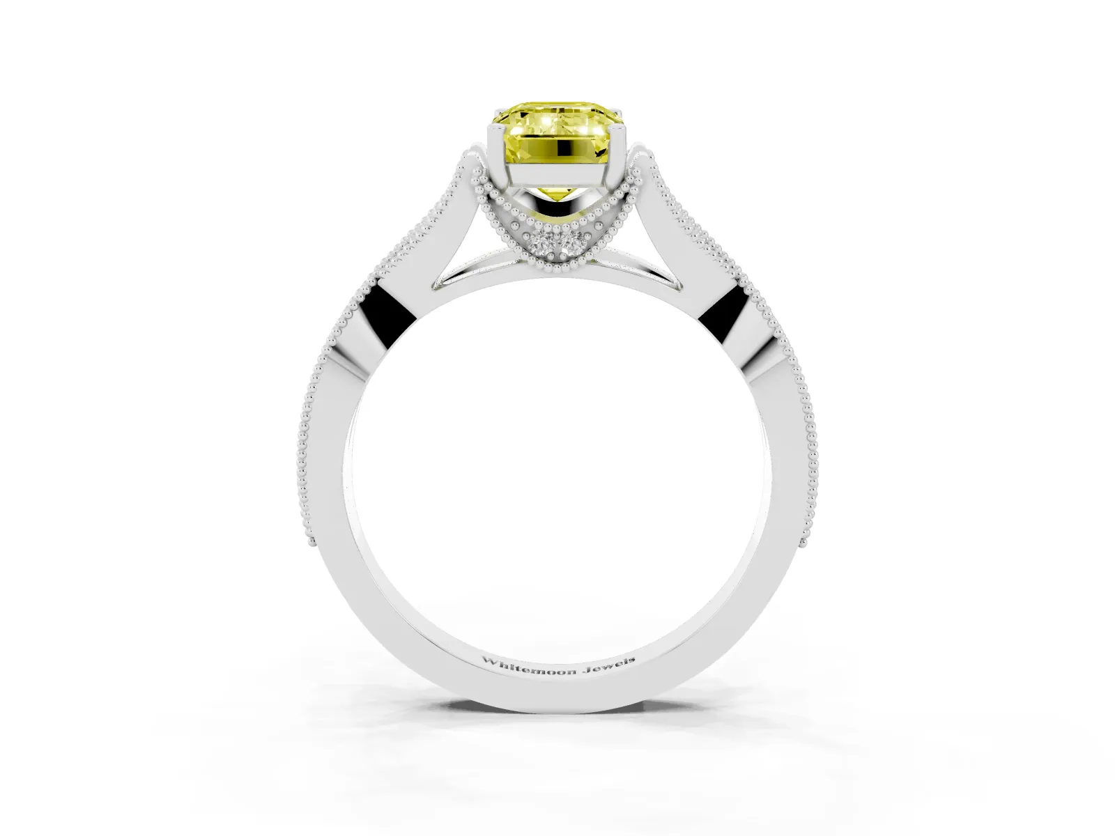 Fancy Yellow Emerald Cut Cut Diamond Twisted Band with Milgrain Pave Setting and Four-Prong Setting Platinum
