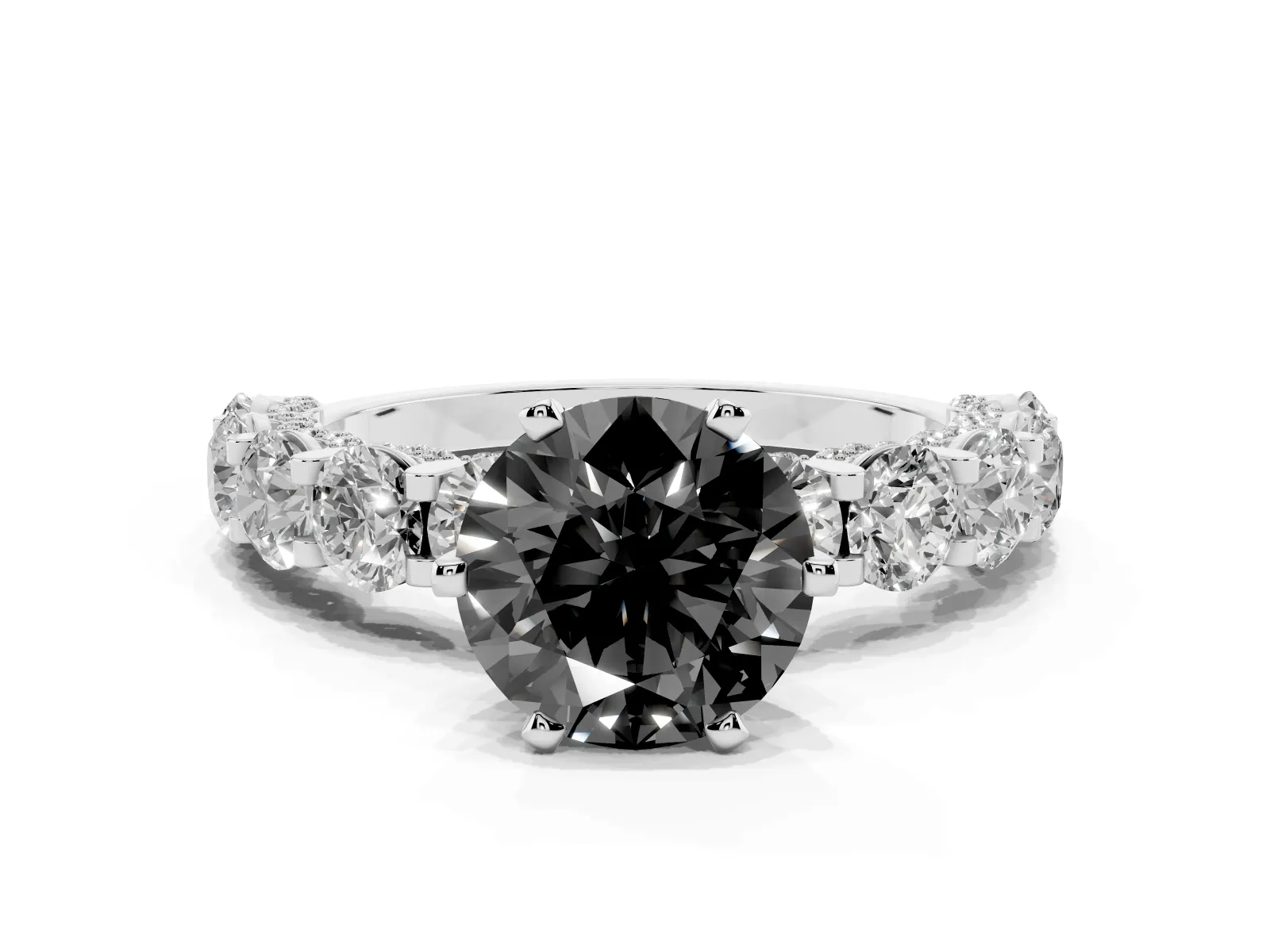 Fancy Black Round Cut Diamond Side Stone Engagement Ring with Four-Prong Setting Platinum