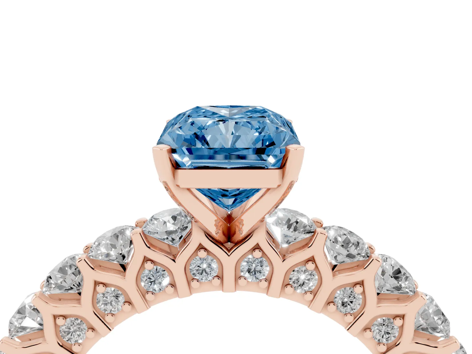 Fancy Blue Radiant Cut Diamond Solitaire Ring with Shared Prong Pavé Band and Four-Prong Setting Rose gold
