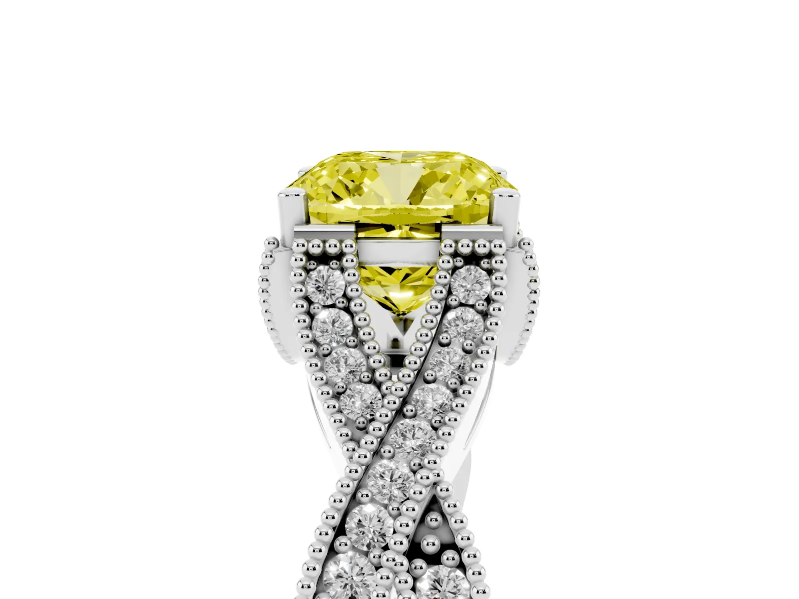 Fancy Yellow Cushion Cut Cut Diamond Twisted Band with Milgrain Pave Setting and Four-Prong Setting Platinum