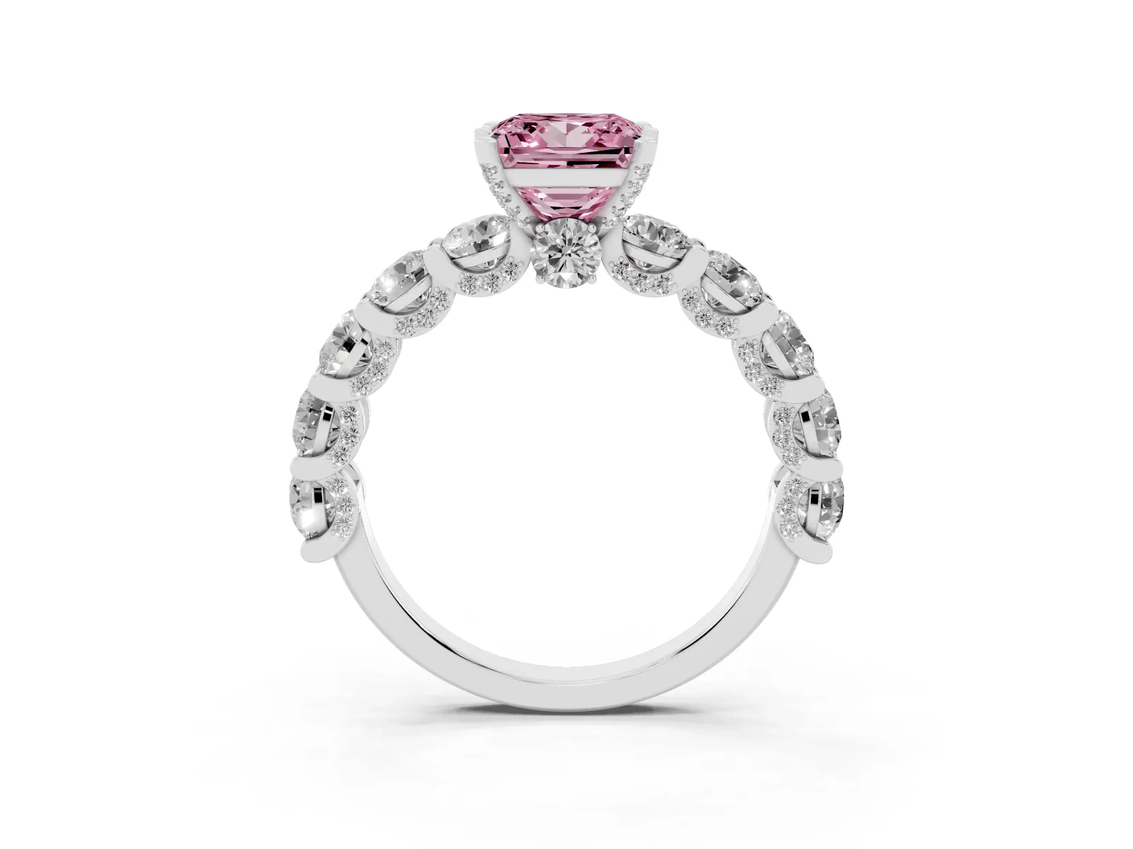Fancy Pink Princess Cut Diamond Side Stone Engagement Ring with Four-Prong Setting Platinum