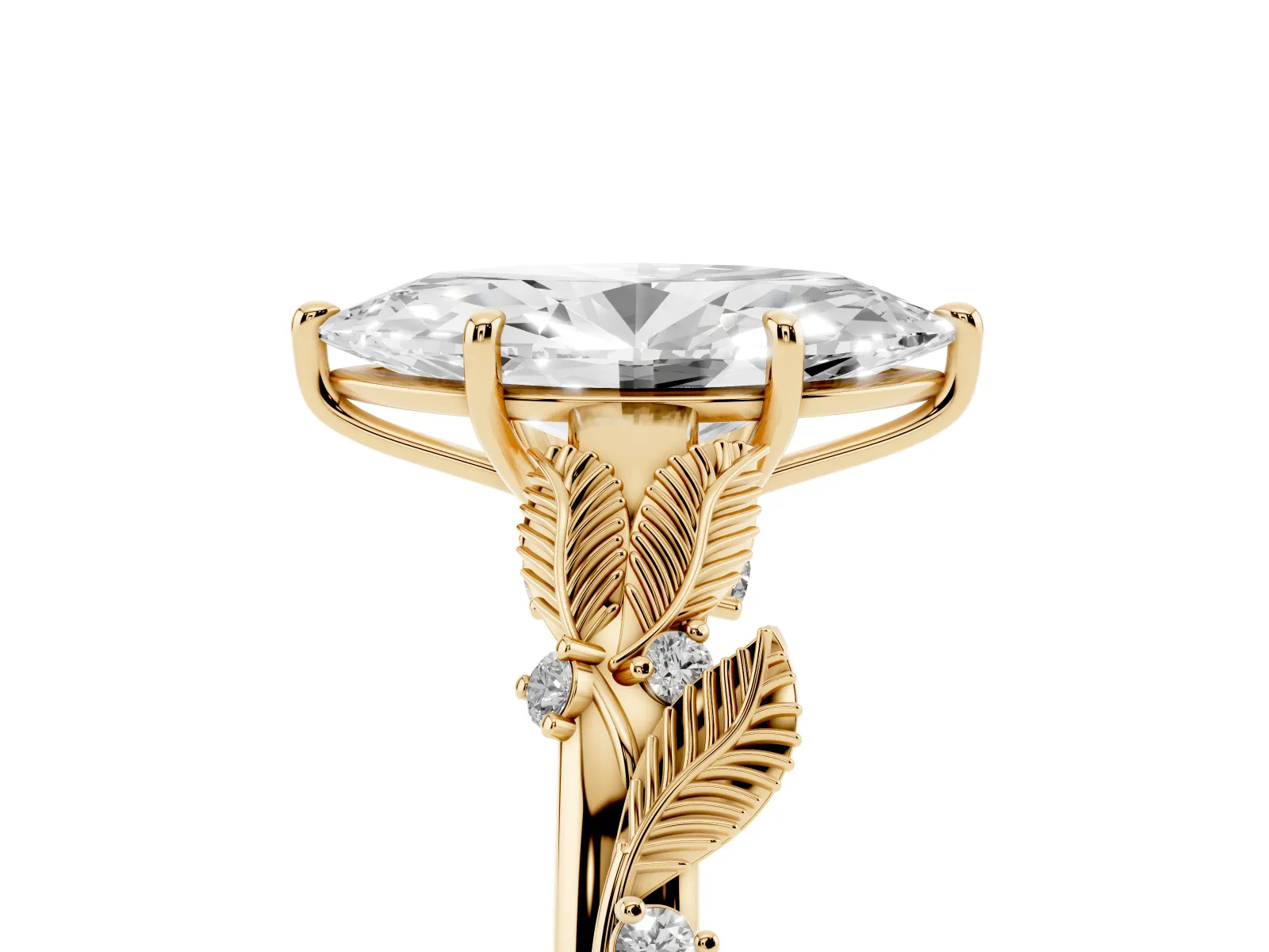 Marquise Cut Diamond Solitaire Ring with Leaf Motif Band and Four-Prong Setting Yellow gold