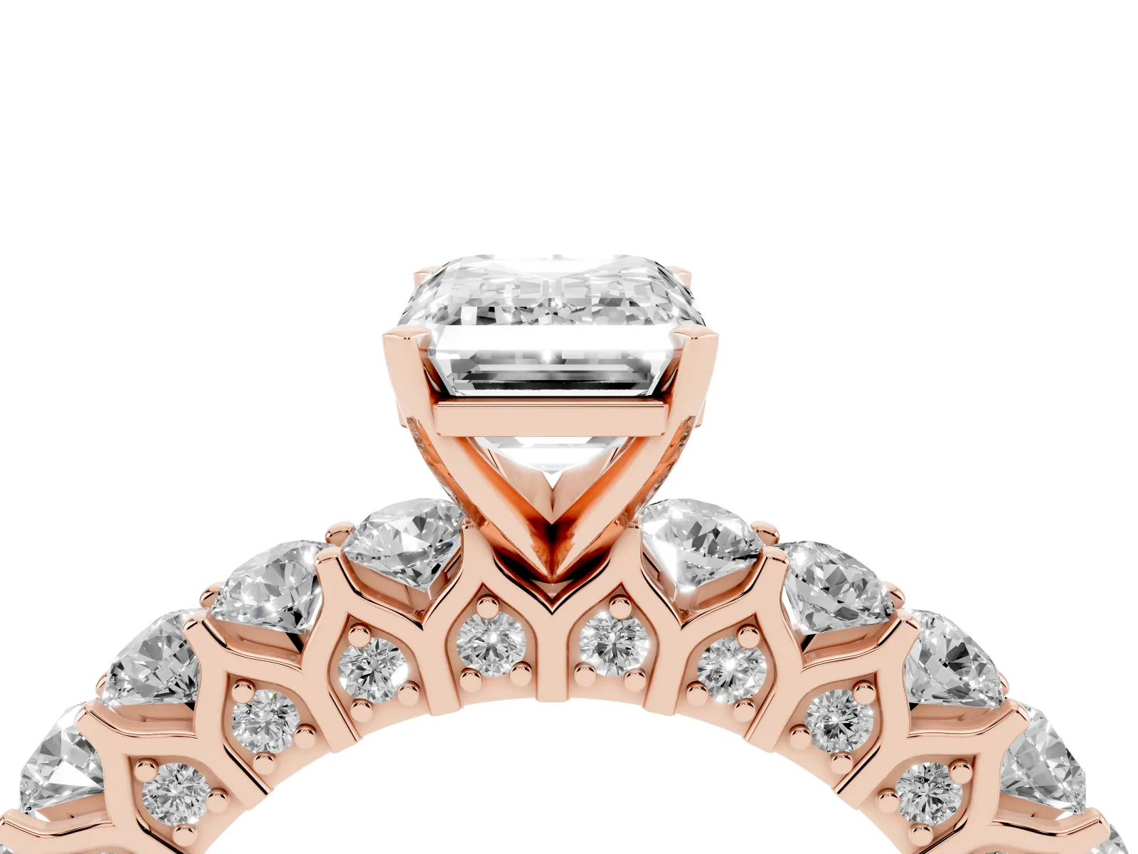 Emerald Cut Diamond Solitaire Ring with Shared Prong Pavé Band and Four-Prong Setting Rose gold