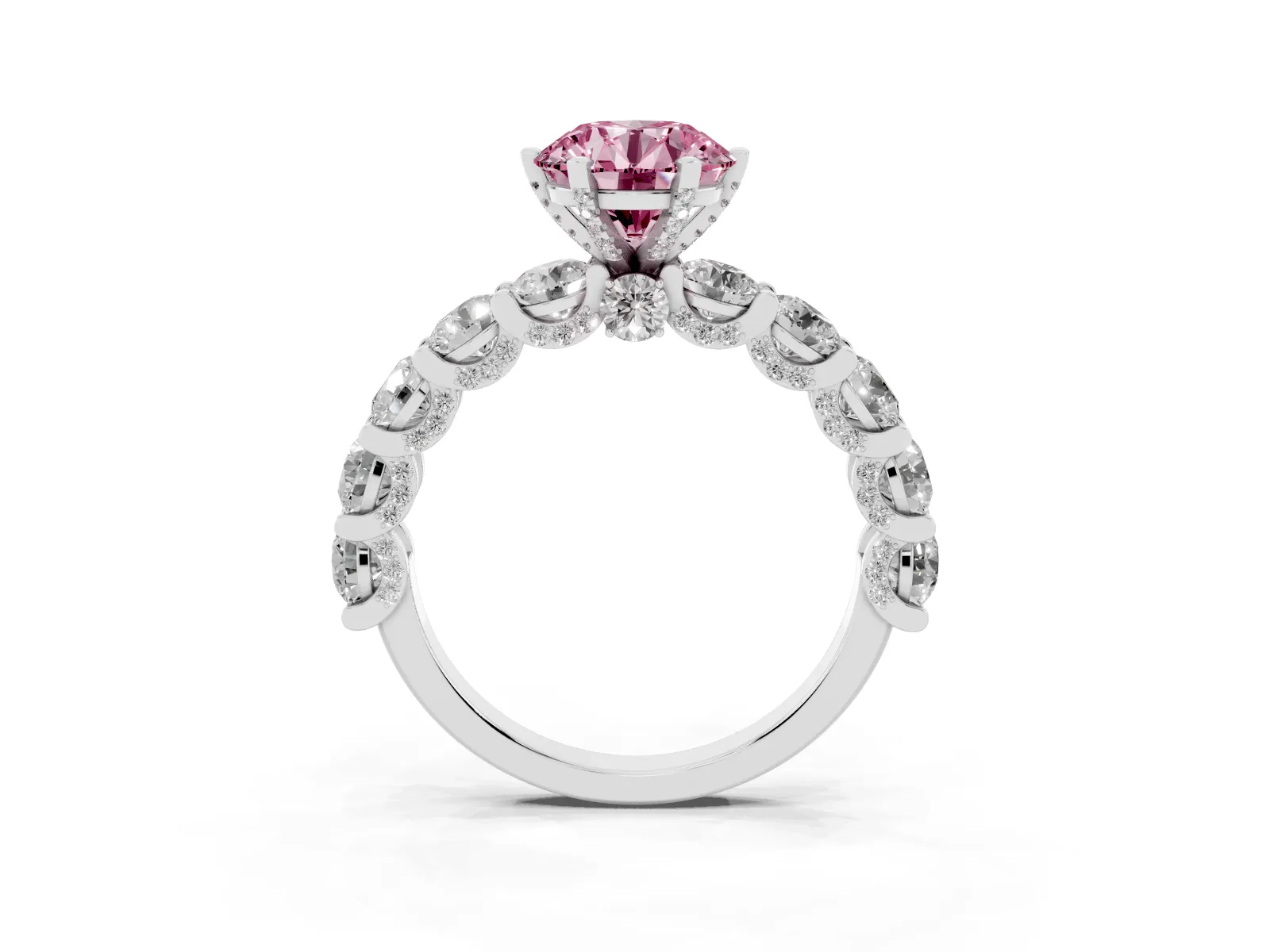 Fancy Pink Round Cut Diamond Side Stone Engagement Ring with Four-Prong Setting Platinum