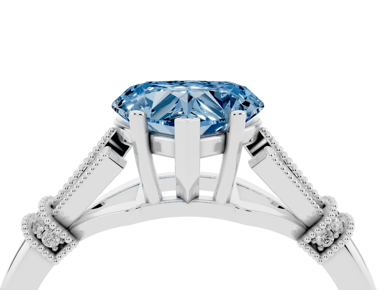 Fancy Blue Heart Cut Diamond Solitaire Ring with Floral Filigree and Pave Accents Platinum