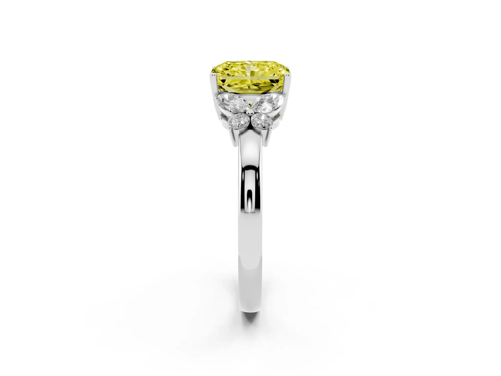 Fancy Yellow Radiant Cut Cut Solitaire Floral Diamond Ring with Four-Prong Setting Platinum