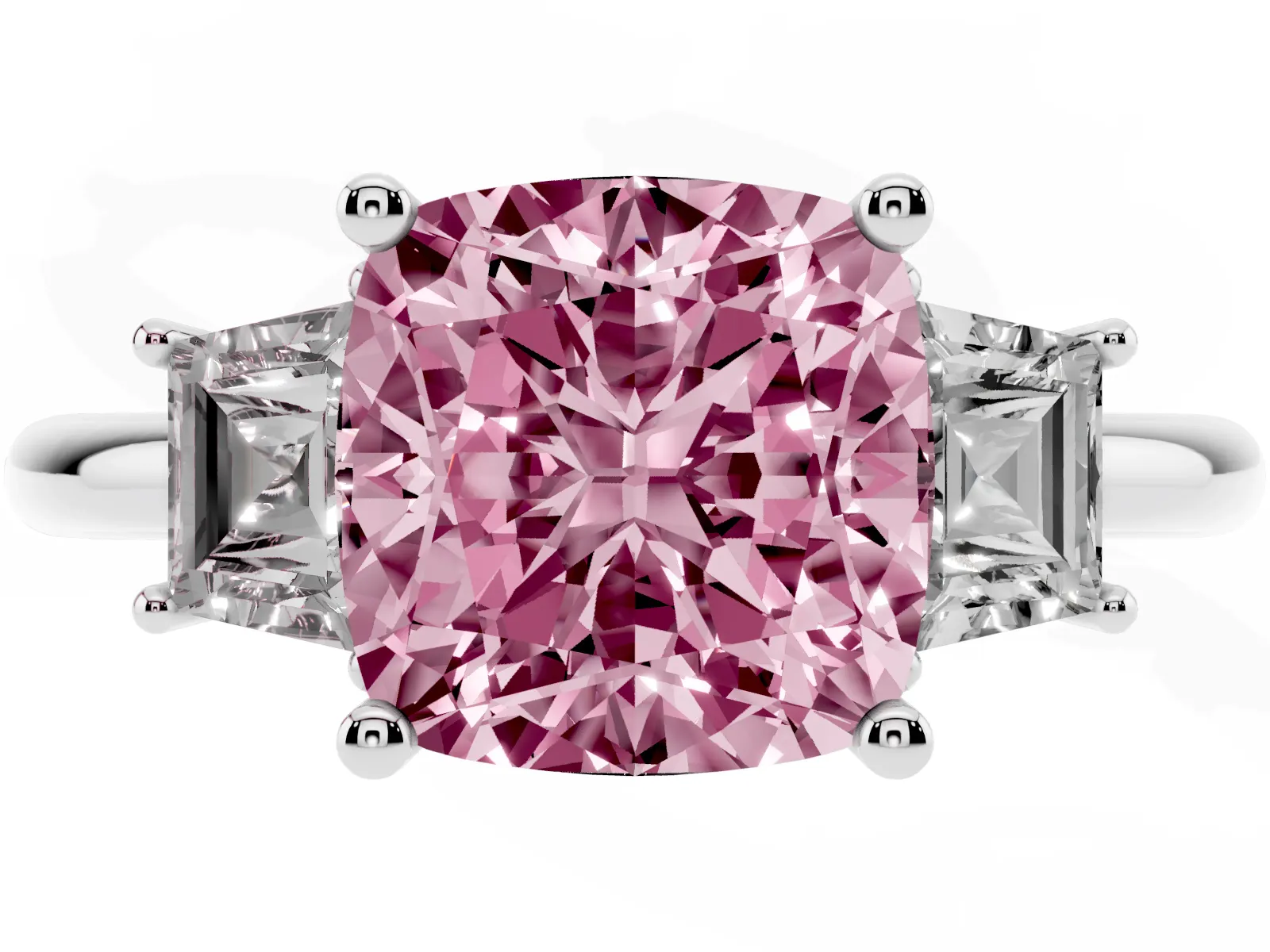 Fancy Pink Cushion Cut Diamond Three-Stone Ring with Trapezoid Side Stones and Prong Setting Platinum