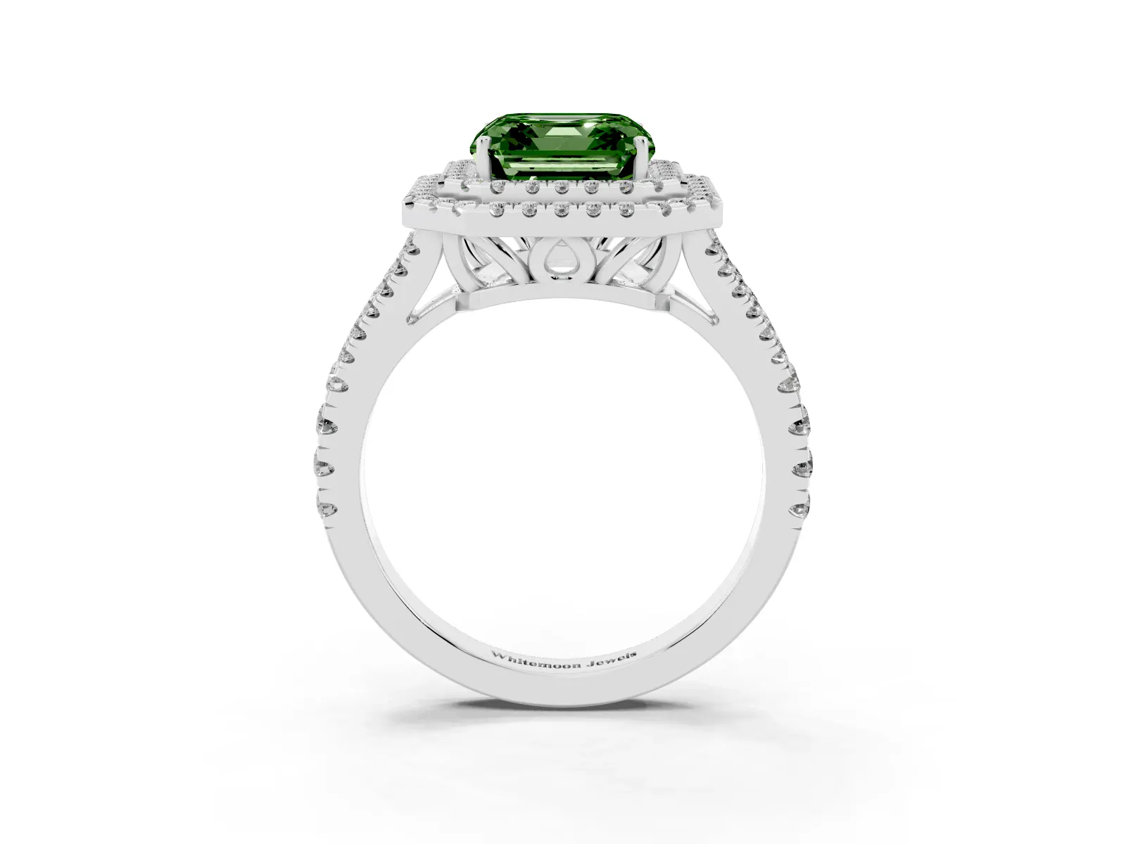 Fancy Green Asscher Cut Diamond Double Halo Ring with Pavé Band and Prong Setting Platinum