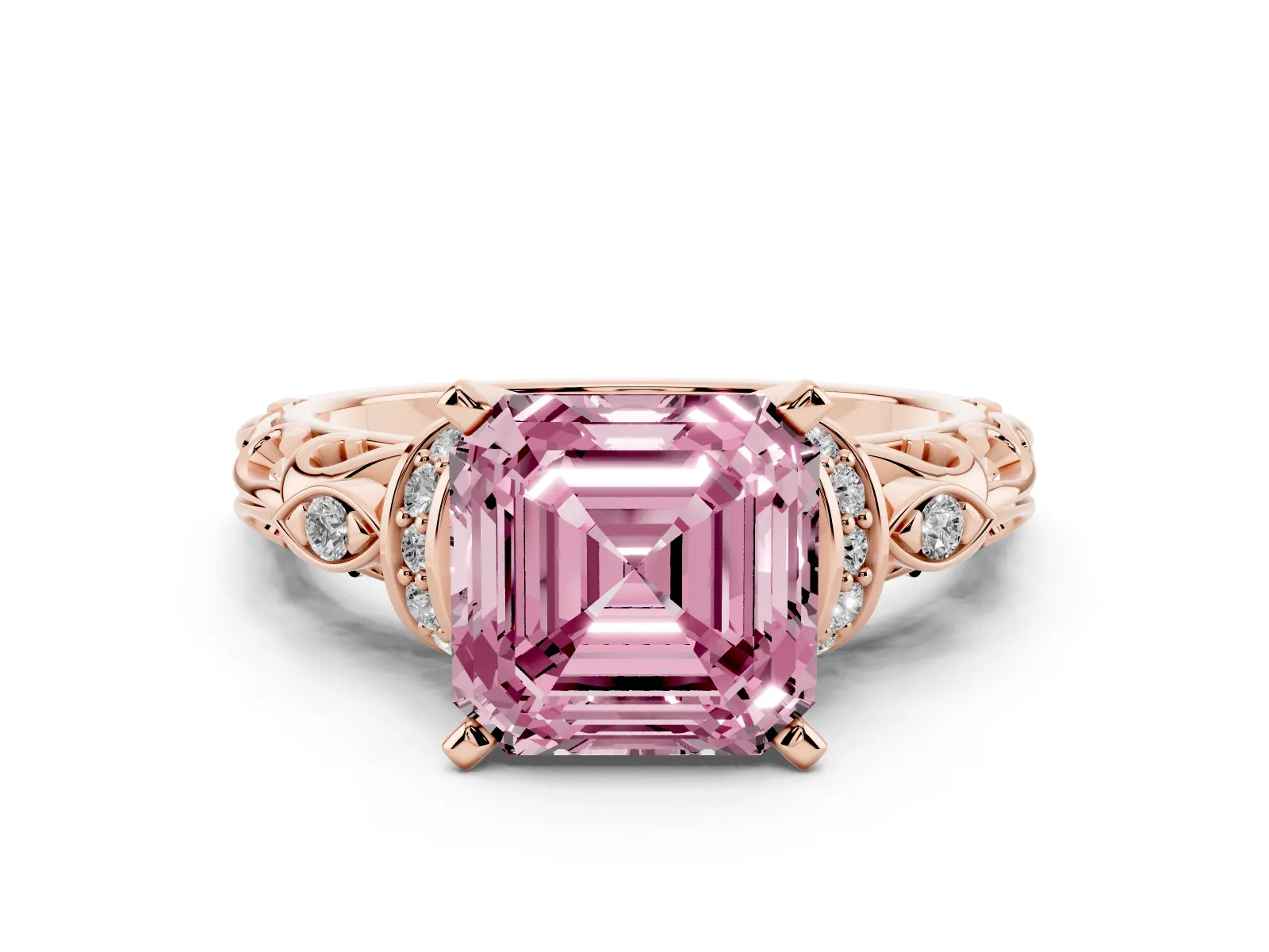 Fancy Pink Asscher Cut Diamond Solitaire Ring with Filigree Band and Four-Prong Setting Rose gold