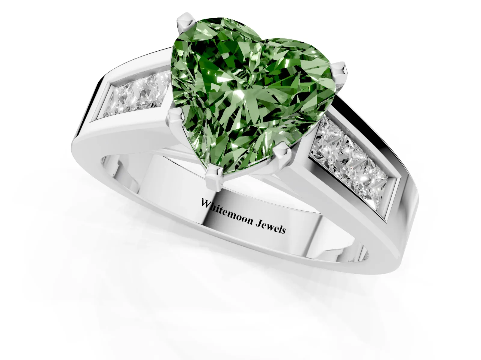Fancy Green Heart Cut Cut Channel Set Solitaire Ring with Four-Prong Setting White gold