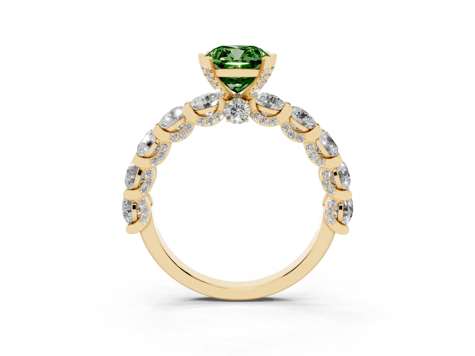 Fancy Green Cushion Cut Diamond Side Stone Engagement Ring with Four-Prong Setting Yellow gold