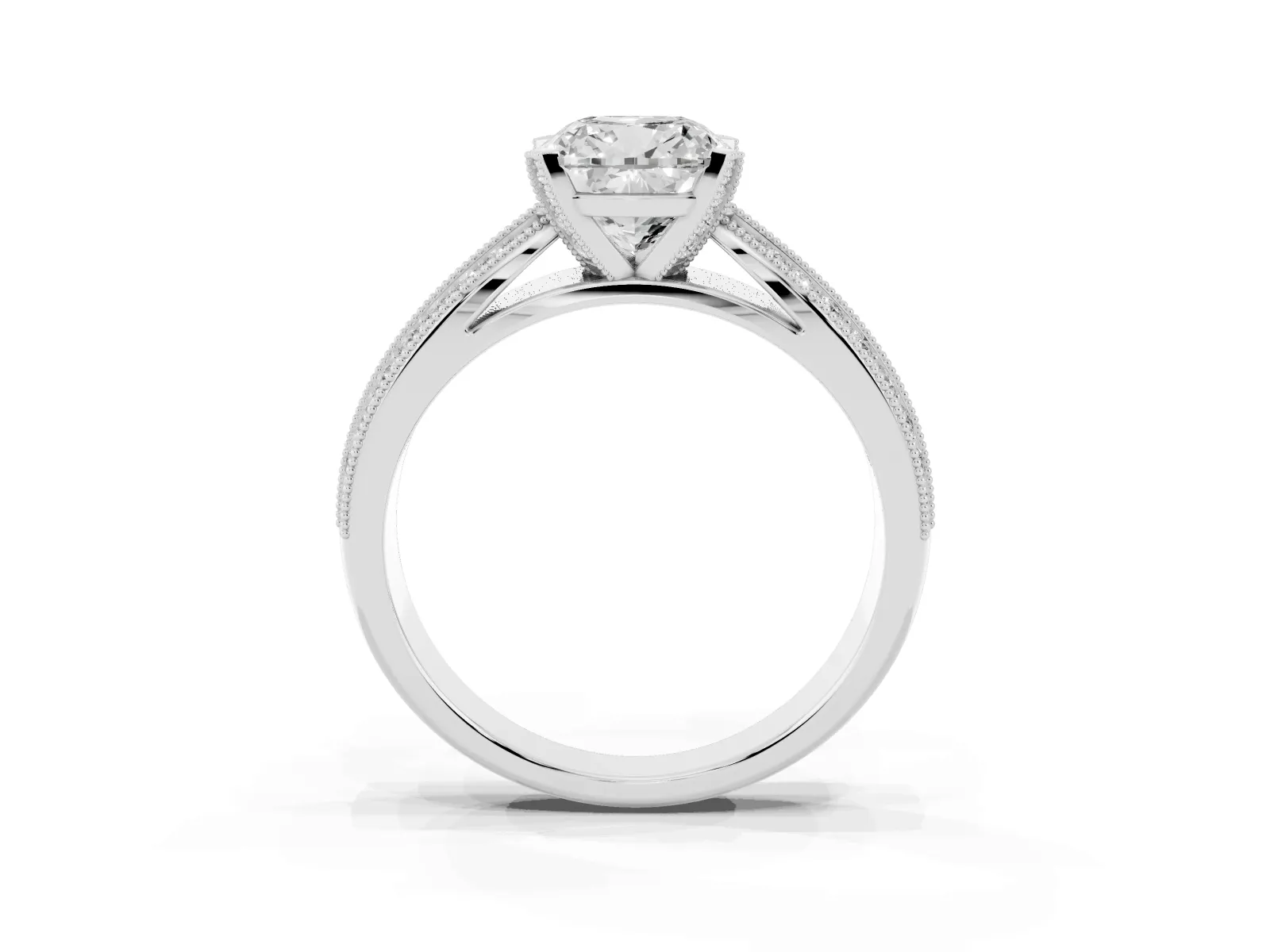 Cushion Cut Diamond Solitaire Ring with Milgrain Round Pavé Band and Prong Setting Platinum