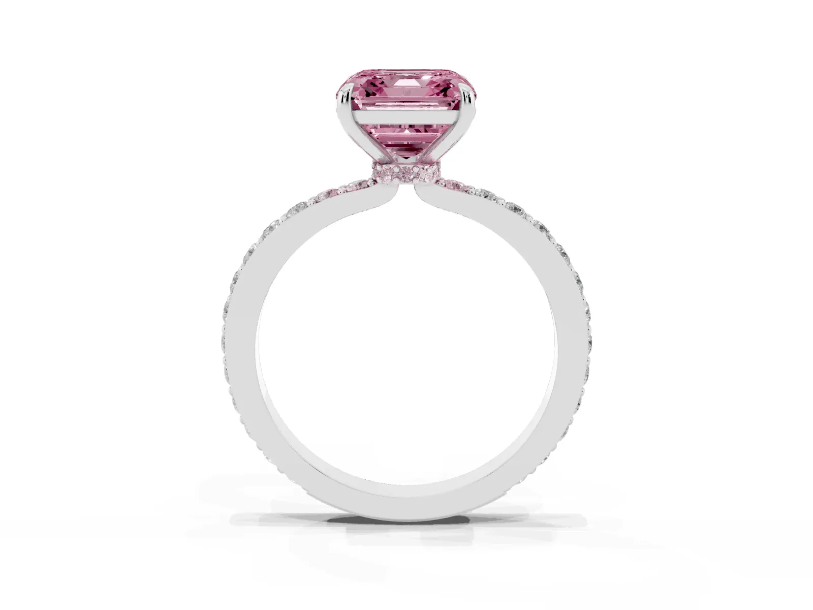 Fancy Pink Asscher Cut Diamond Solitaire Engagement Ring with Pavé Band and Four-Prong Setting White gold