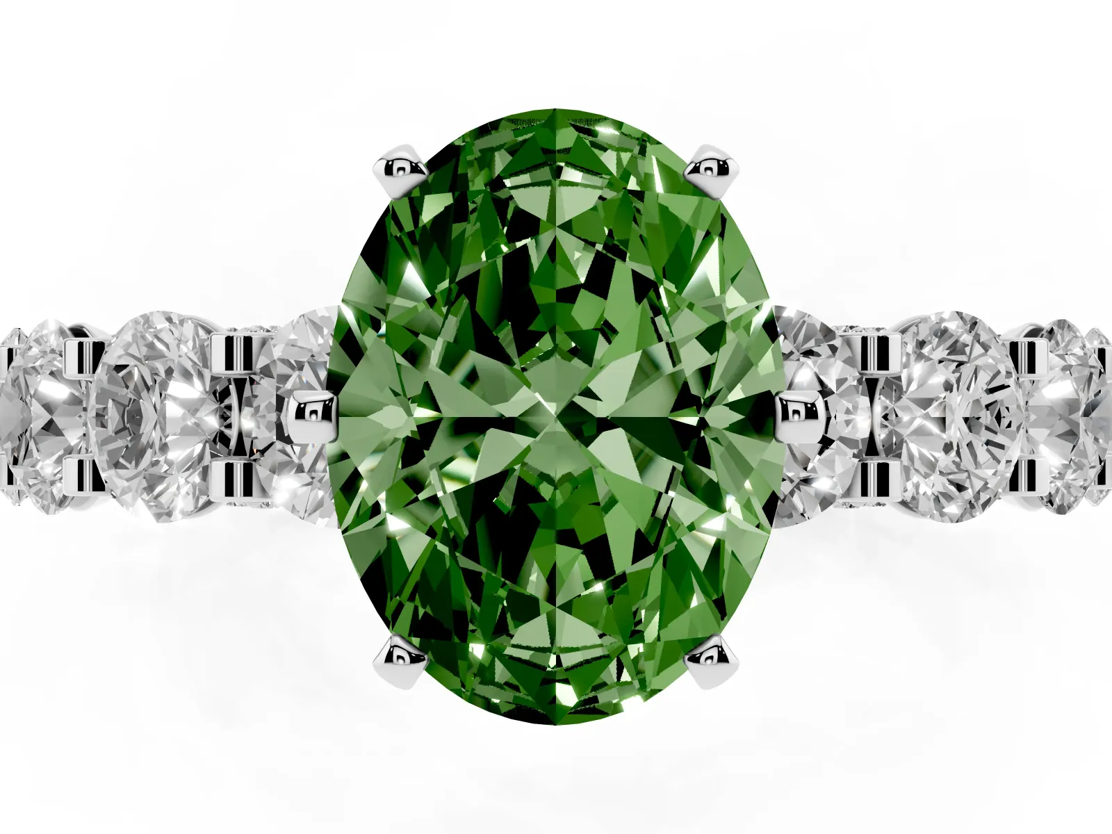 Fancy Green Oval Cut Diamond Side Stone Engagement Ring with Four-Prong Setting Platinum