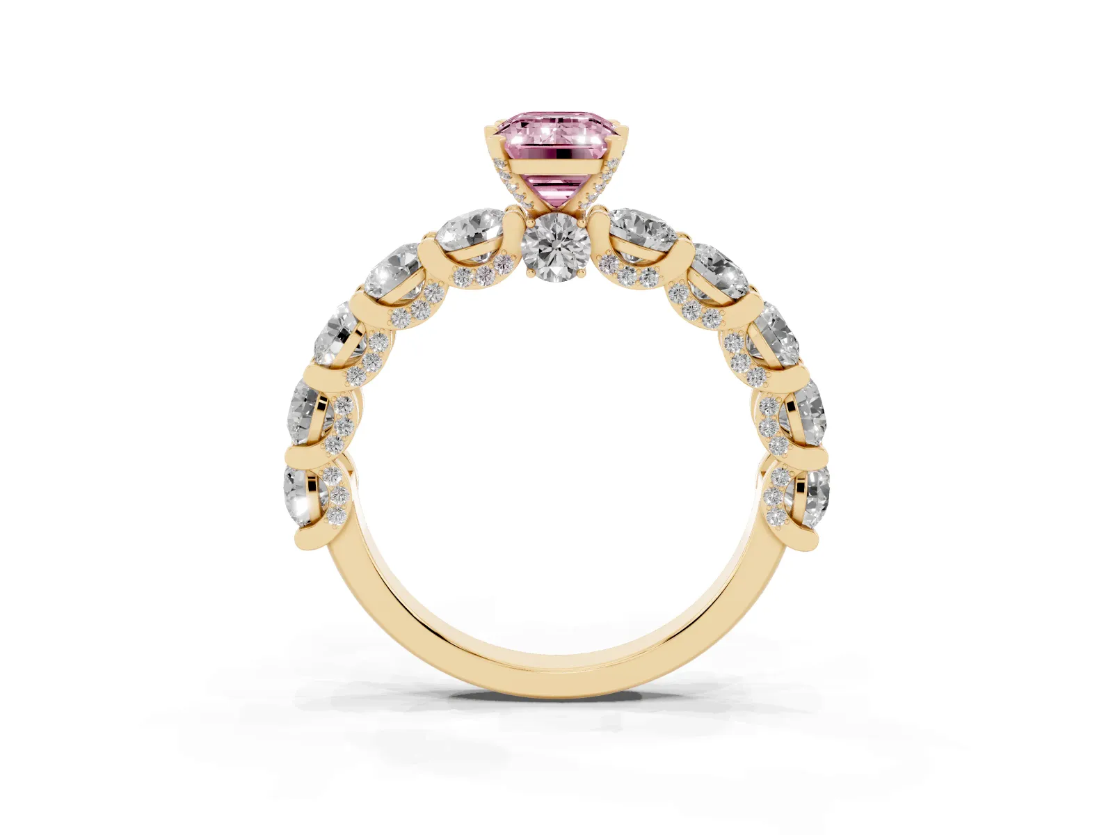 Fancy Pink Emerald Cut Diamond Side Stone Engagement Ring with Four-Prong Setting Yellow gold