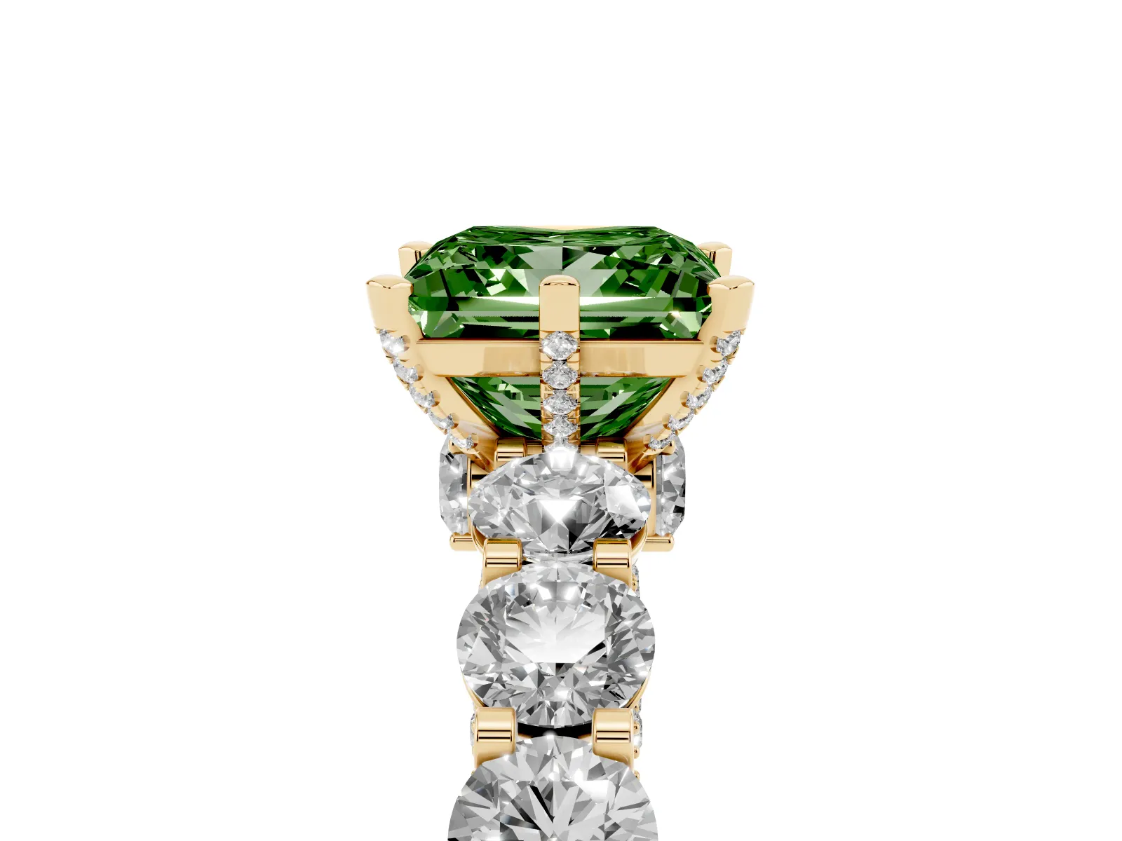 Fancy Green Princess Cut Diamond Side Stone Engagement Ring with Four-Prong Setting Yellow gold