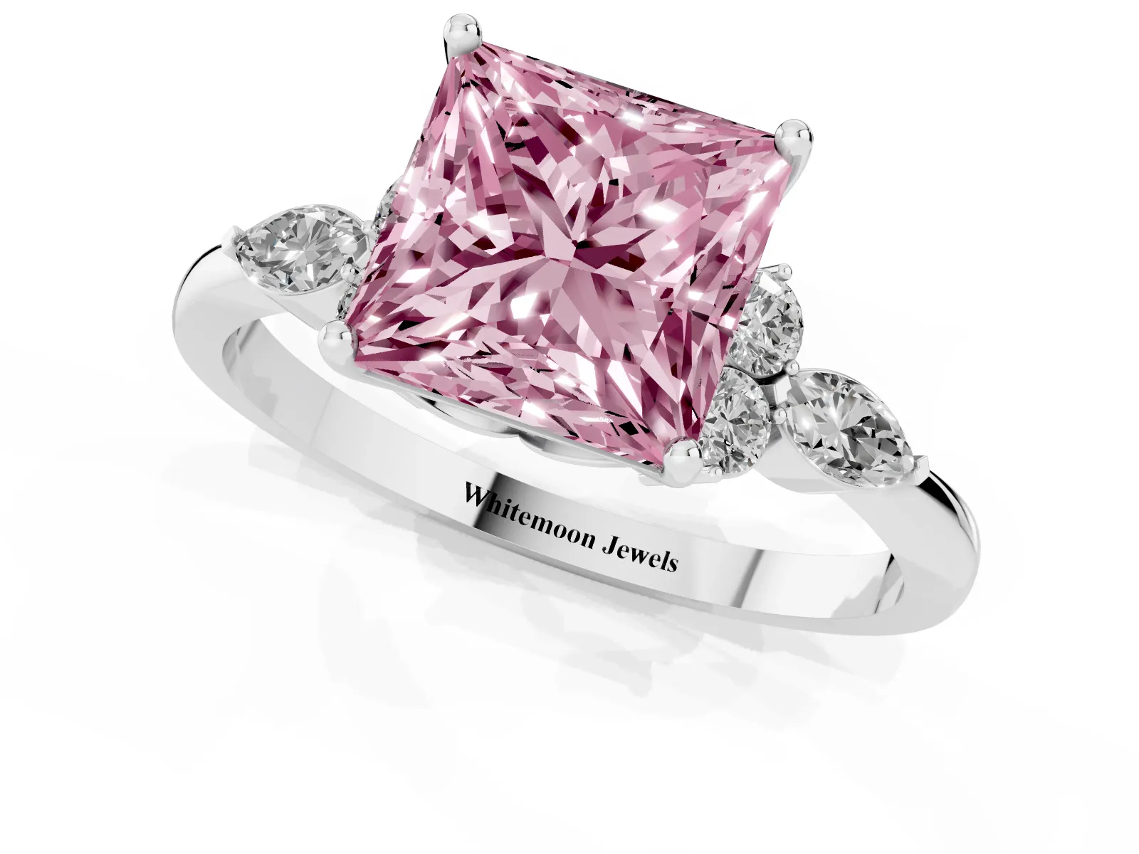 Fancy Pink Princess Cut Brilliant Diamond Solitaire Ring with Pear Side Stones and Four-Prong Setting Platinum