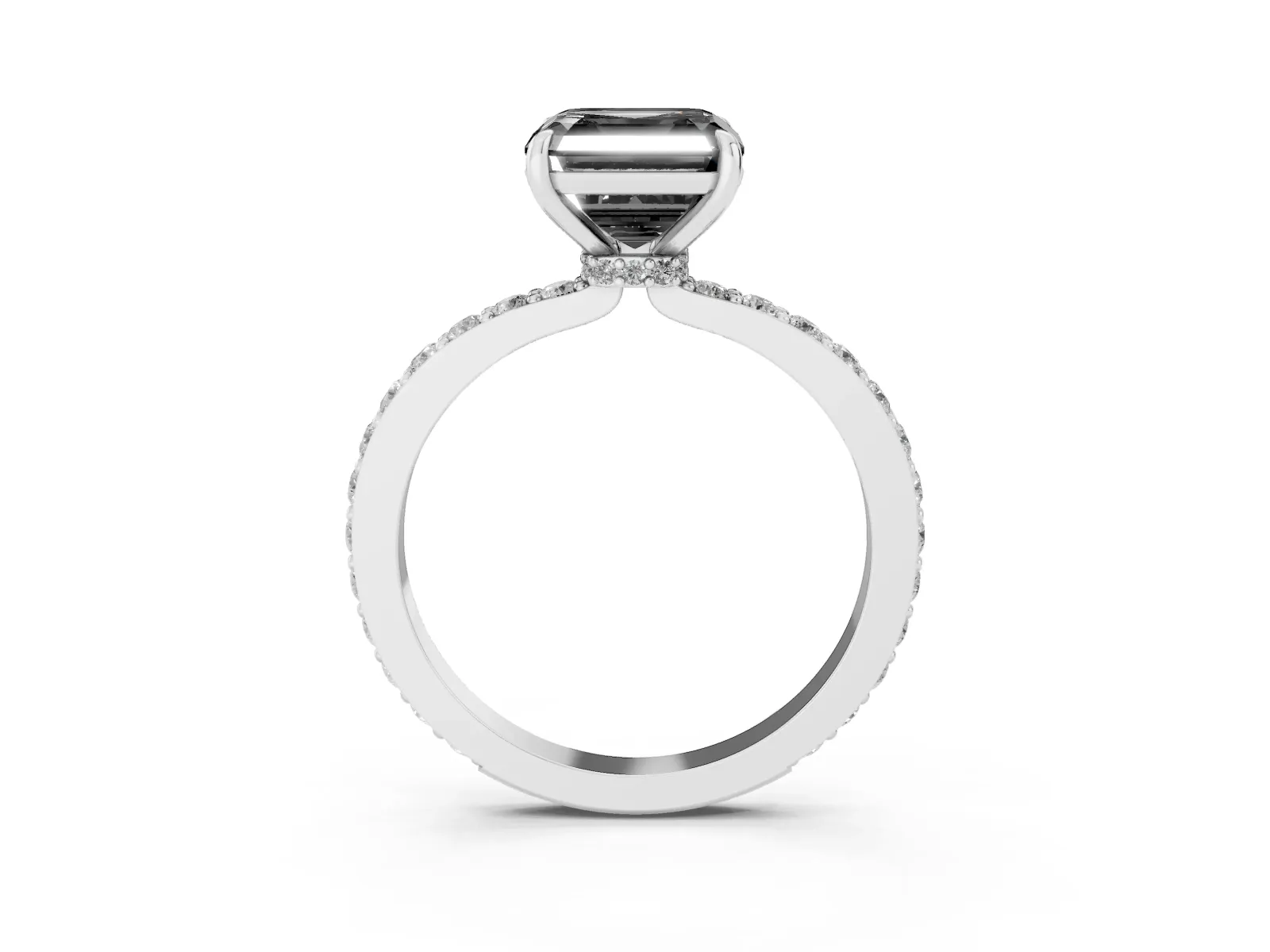 Fancy Black Asscher Cut Diamond Solitaire Engagement Ring with Pavé Band and Four-Prong Setting White gold