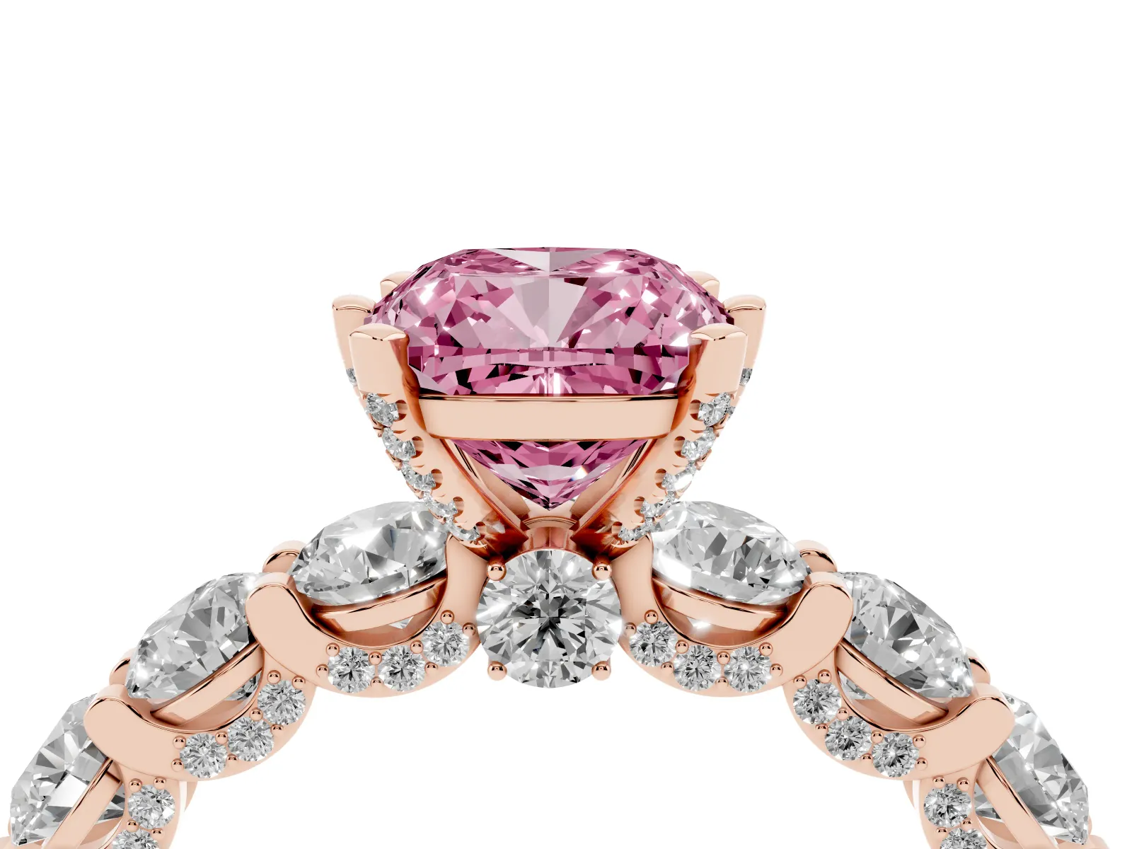 Fancy Pink Cushion Cut Diamond Side Stone Engagement Ring with Four-Prong Setting Rose gold