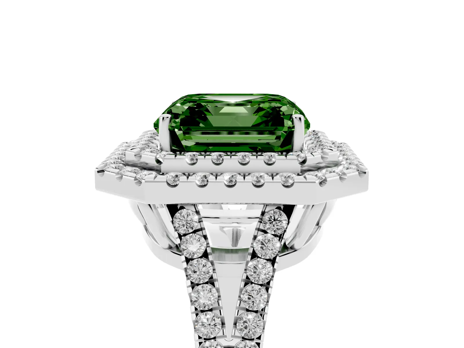 Fancy Green Asscher Cut Diamond Double Halo Ring with Pavé Band and Prong Setting Platinum