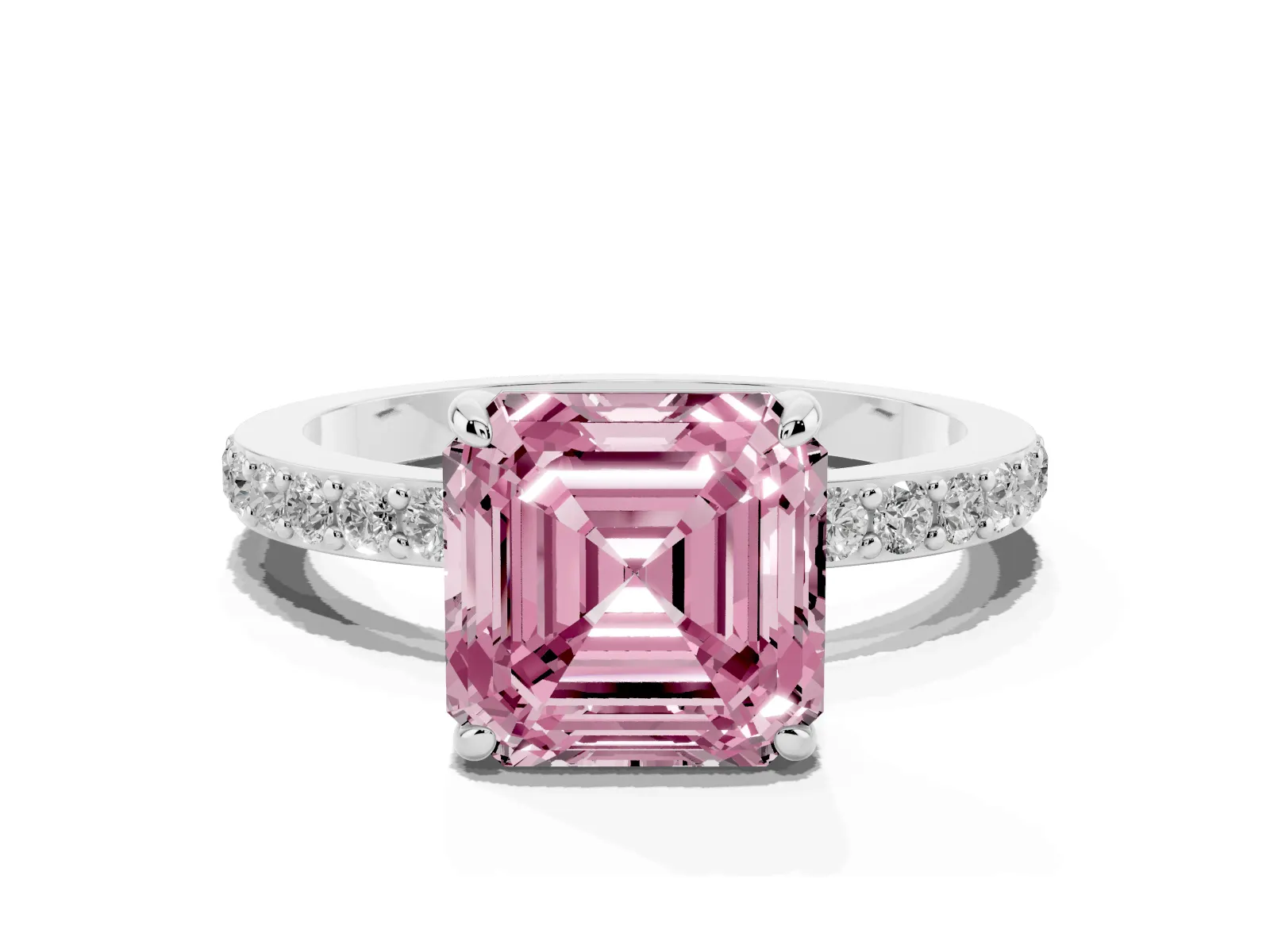 Fancy Pink Asscher Cut Diamond Solitaire Engagement Ring with Pavé Band and Four-Prong Setting White gold