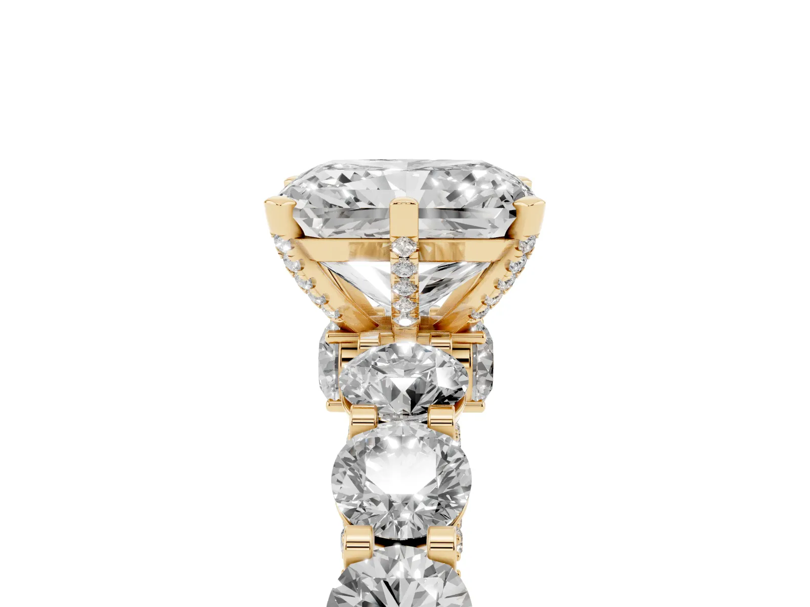 Radiant Cut Diamond Side Stone Engagement Ring with Four-Prong Setting Yellow gold