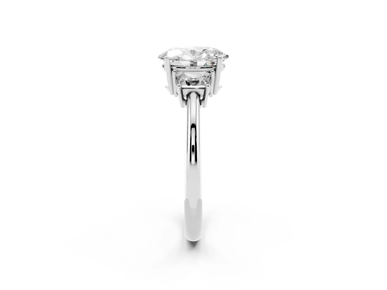 Oval Cut Diamond Three-Stone Ring with Trapezoid Side Stones and Prong Setting Platinum