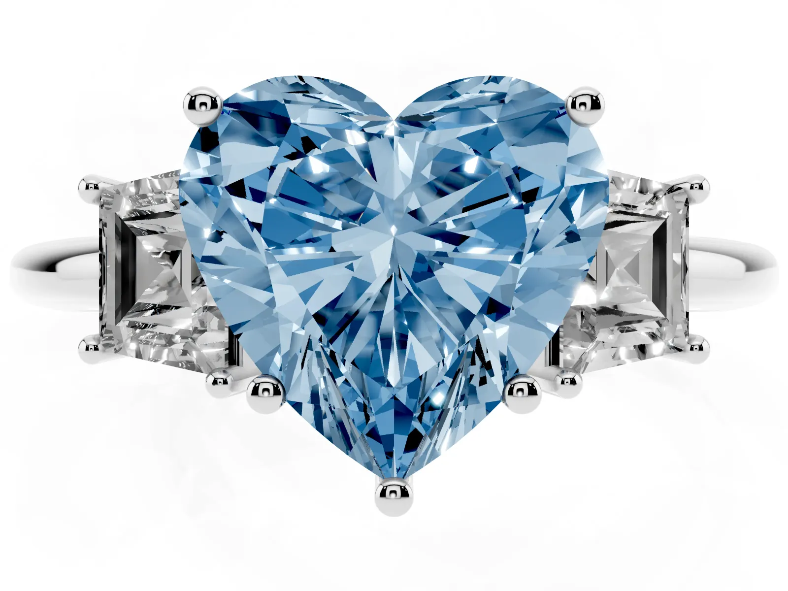 Fancy Blue Heart Cut Diamond Three-Stone Ring with Trapezoid Side Stones and Prong Setting White gold