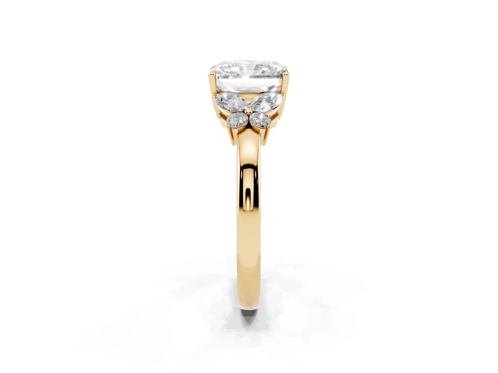 Radiant Cut Cut Solitaire Floral Diamond Ring with Four-Prong Setting Yellow gold