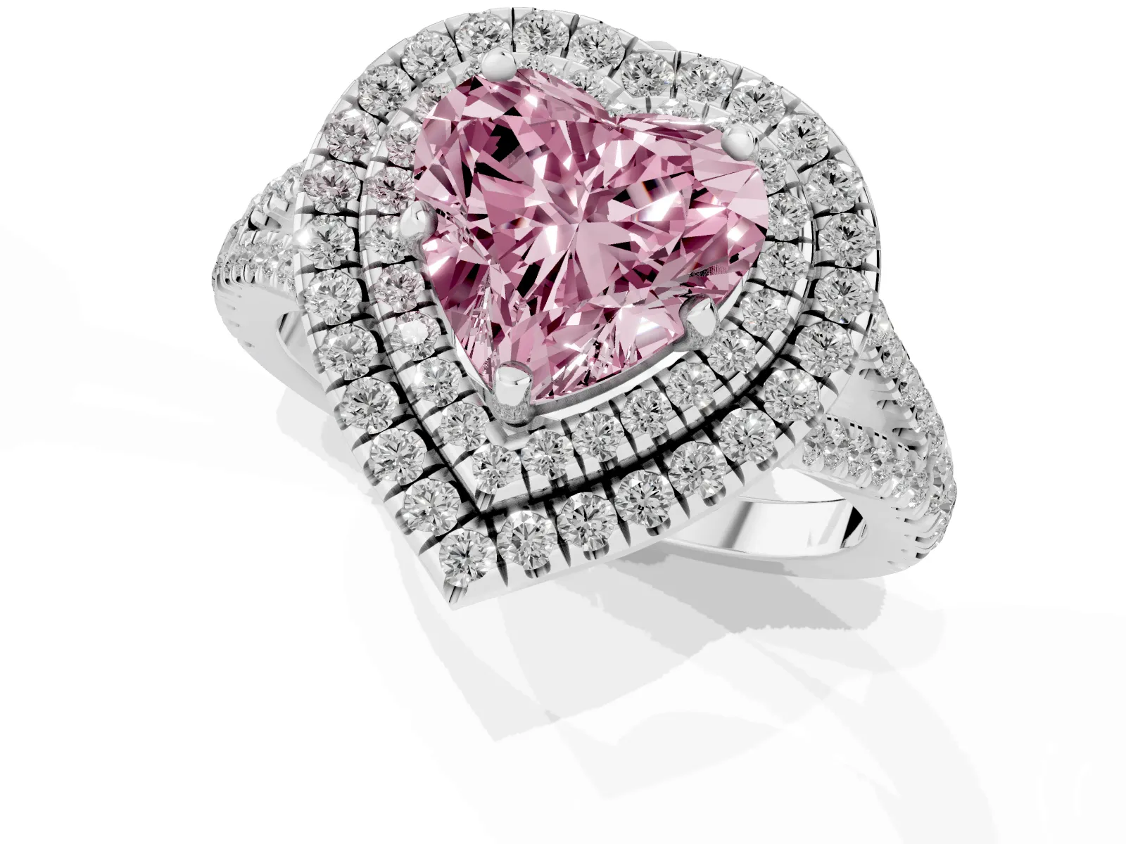 Fancy Pink Heart Cut Diamond Double Halo Ring with Pavé Band and Prong Setting Platinum