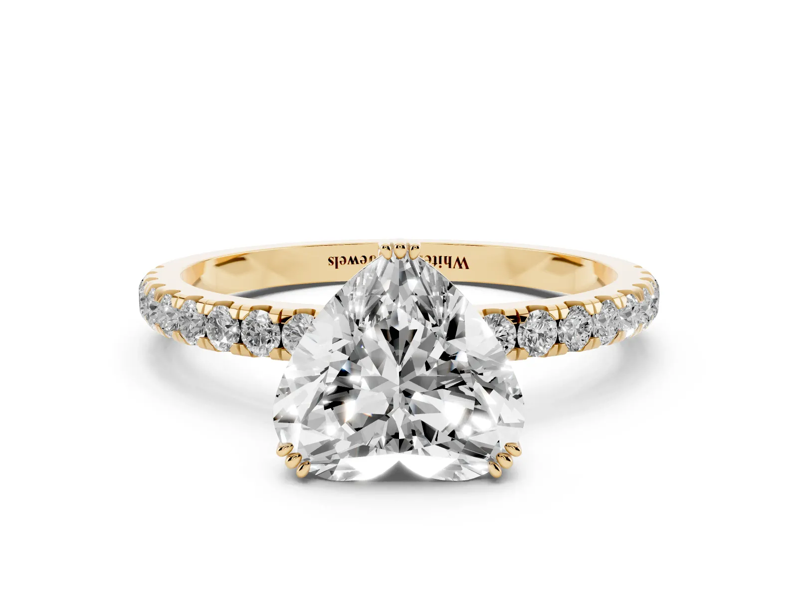 Heart Cut Brilliant Solitaire with Pavé Band and Claw Prong Setting Yellow gold