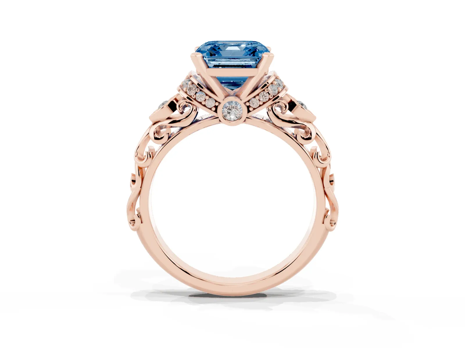 Fancy Blue Asscher Cut Diamond Solitaire Ring with Filigree Band and Four-Prong Setting Rose gold