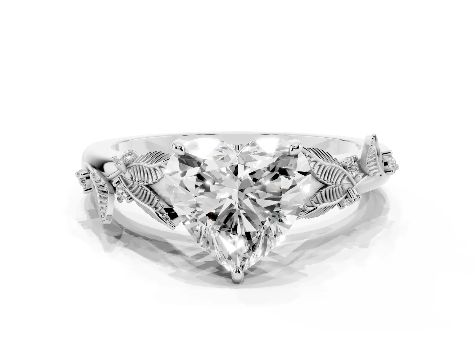 Heart Cut Diamond Solitaire Ring with Leaf Motif Band and Four-Prong Setting Platinum
