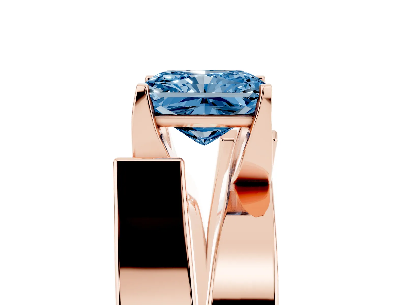 Fancy Blue Modern Tension Set Radiant Cut Diamond Solitaire Wide Band Ring Rose gold