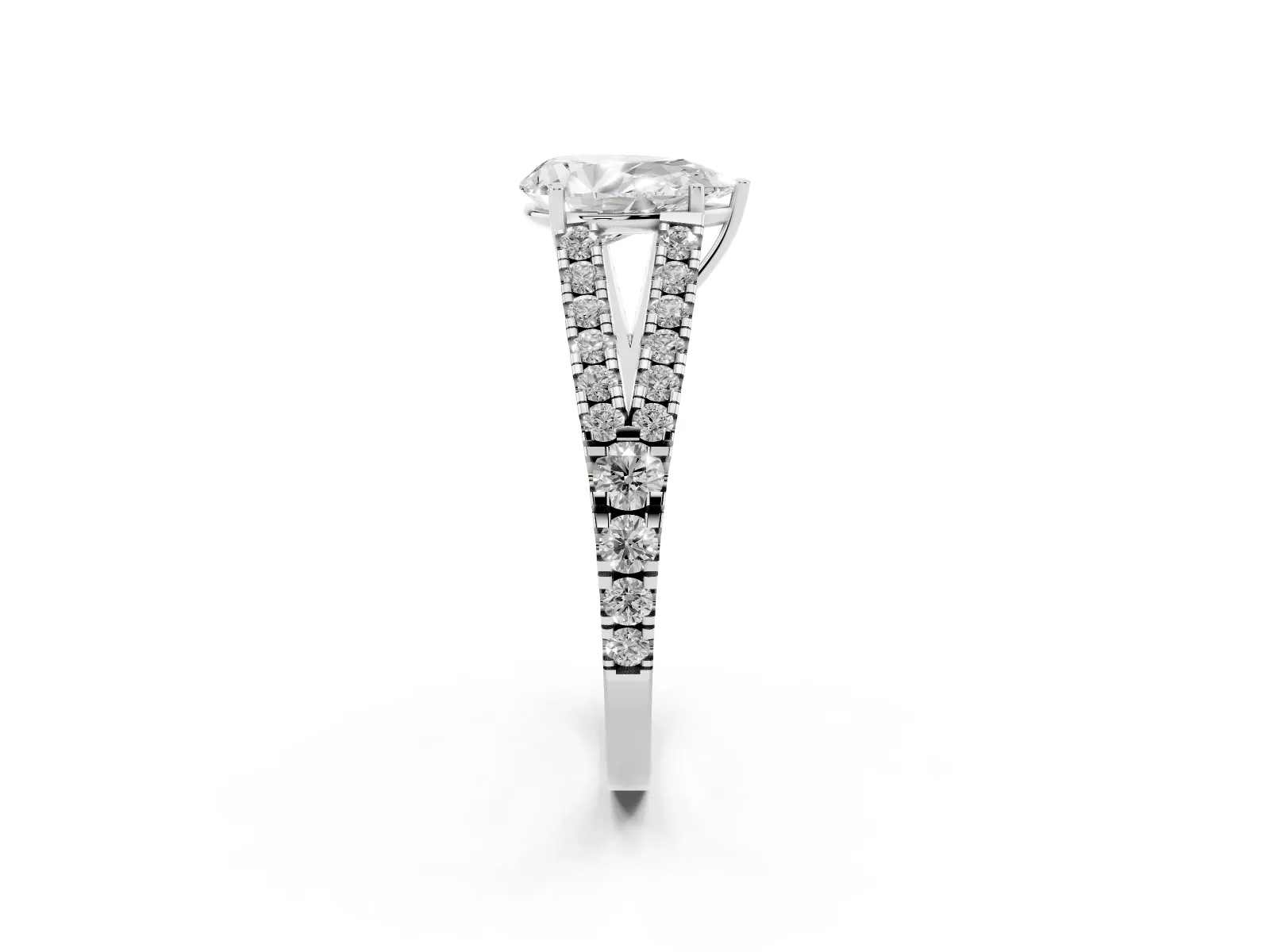 Pear Cut Diamond Split Shank Engagement Ring with Round Pavé and Prong Setting White gold