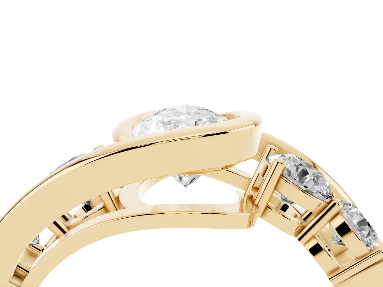 Bezel Set Pear Cut Diamond Bypass Ring with Round Accents Yellow gold