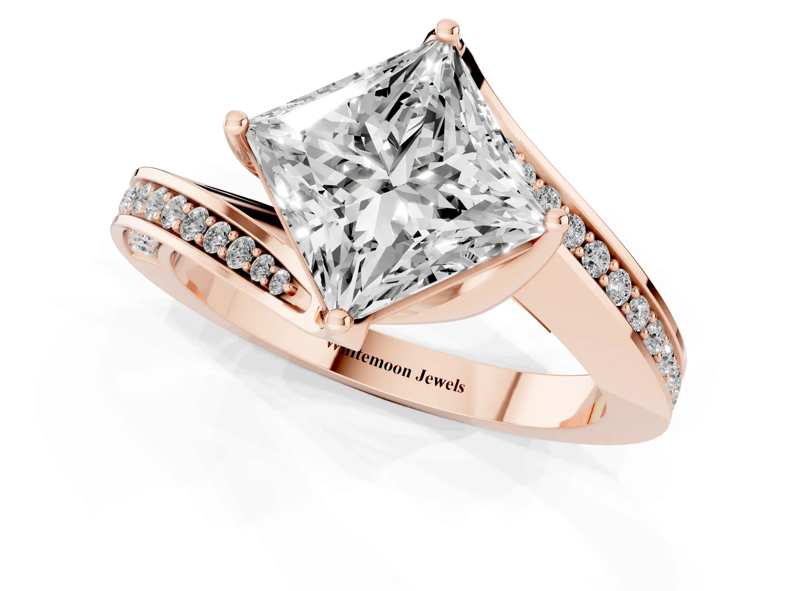 Princess Cut Solitaire Diamond Twist Band with Pavé Setting and Four-Prong Setting Rose gold