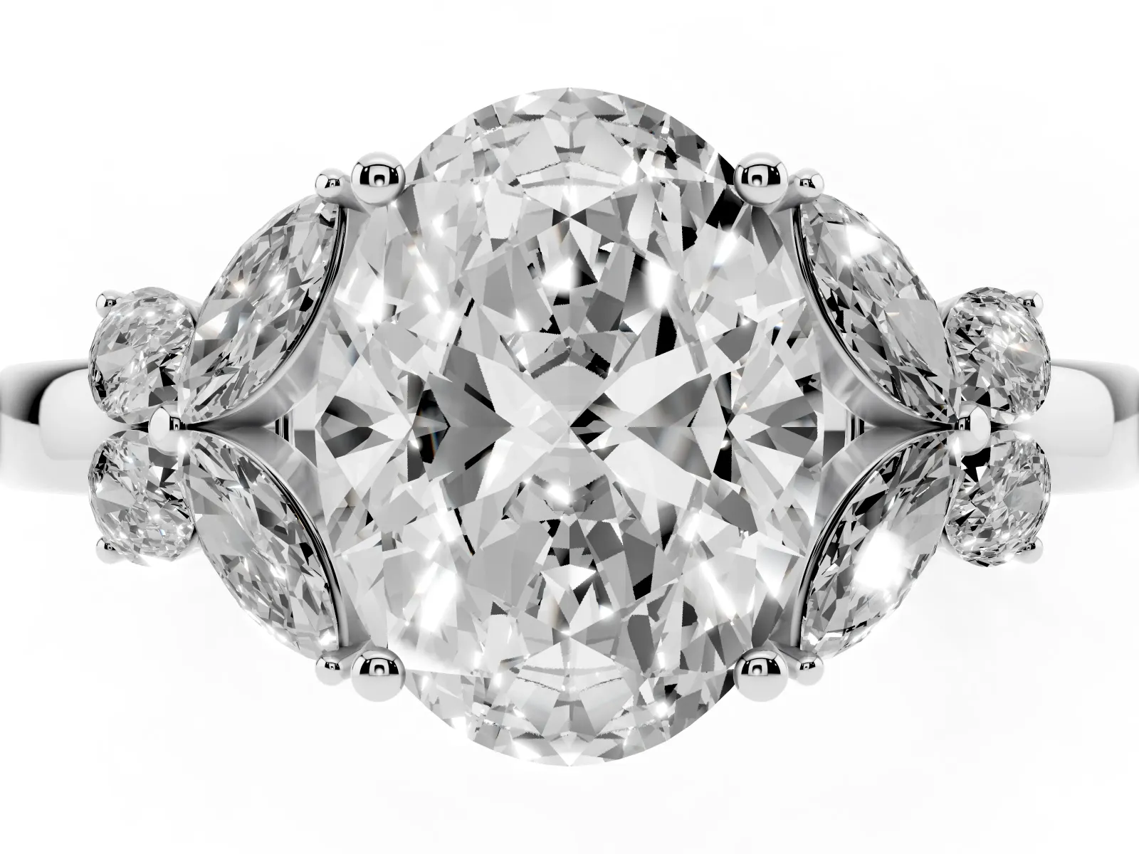 Oval Cut Cut Solitaire Floral Diamond Ring with Four-Prong Setting Platinum