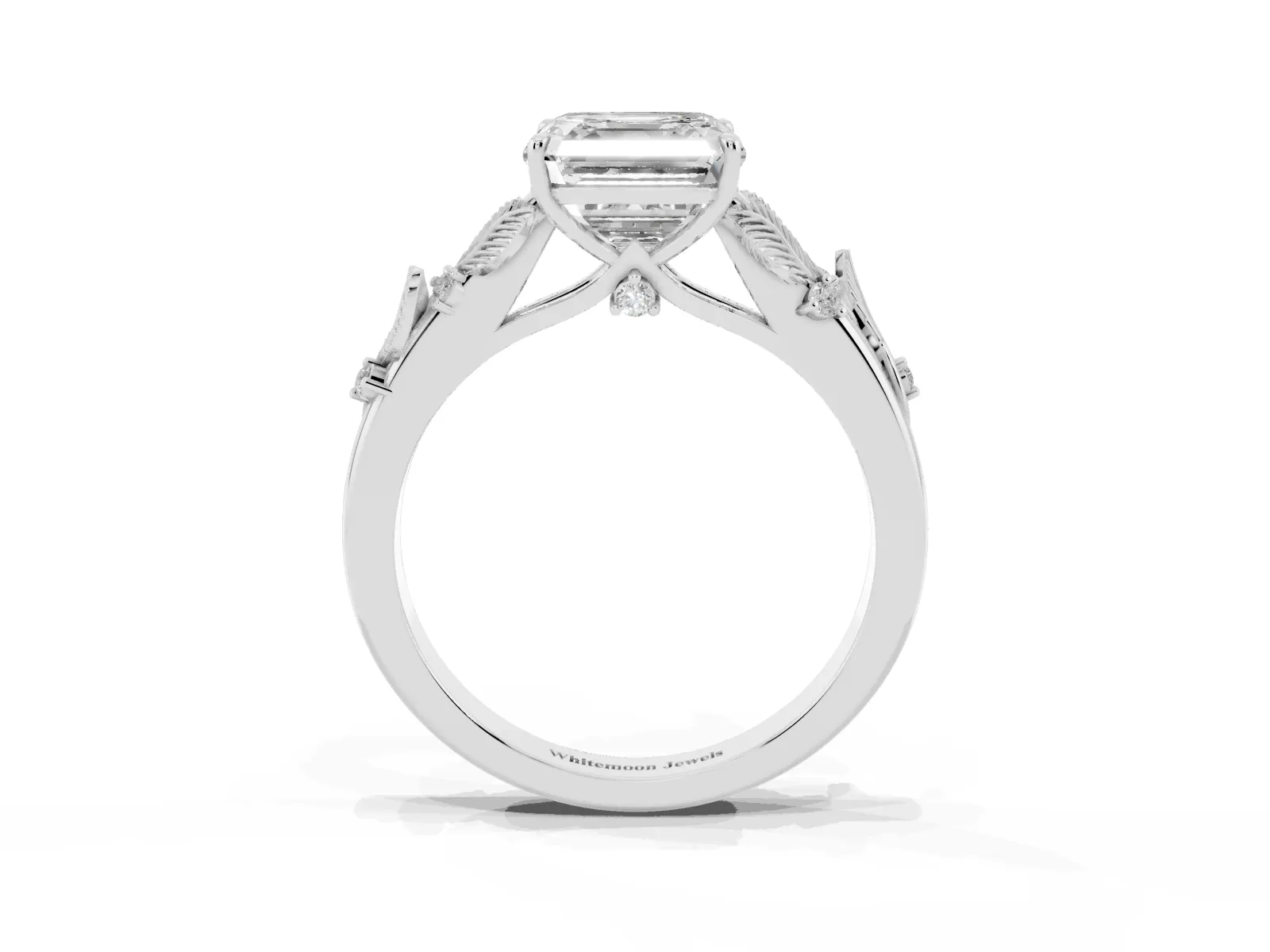 Asscher Cut Diamond Solitaire Ring with Leaf Motif Band and Four-Prong Setting White gold