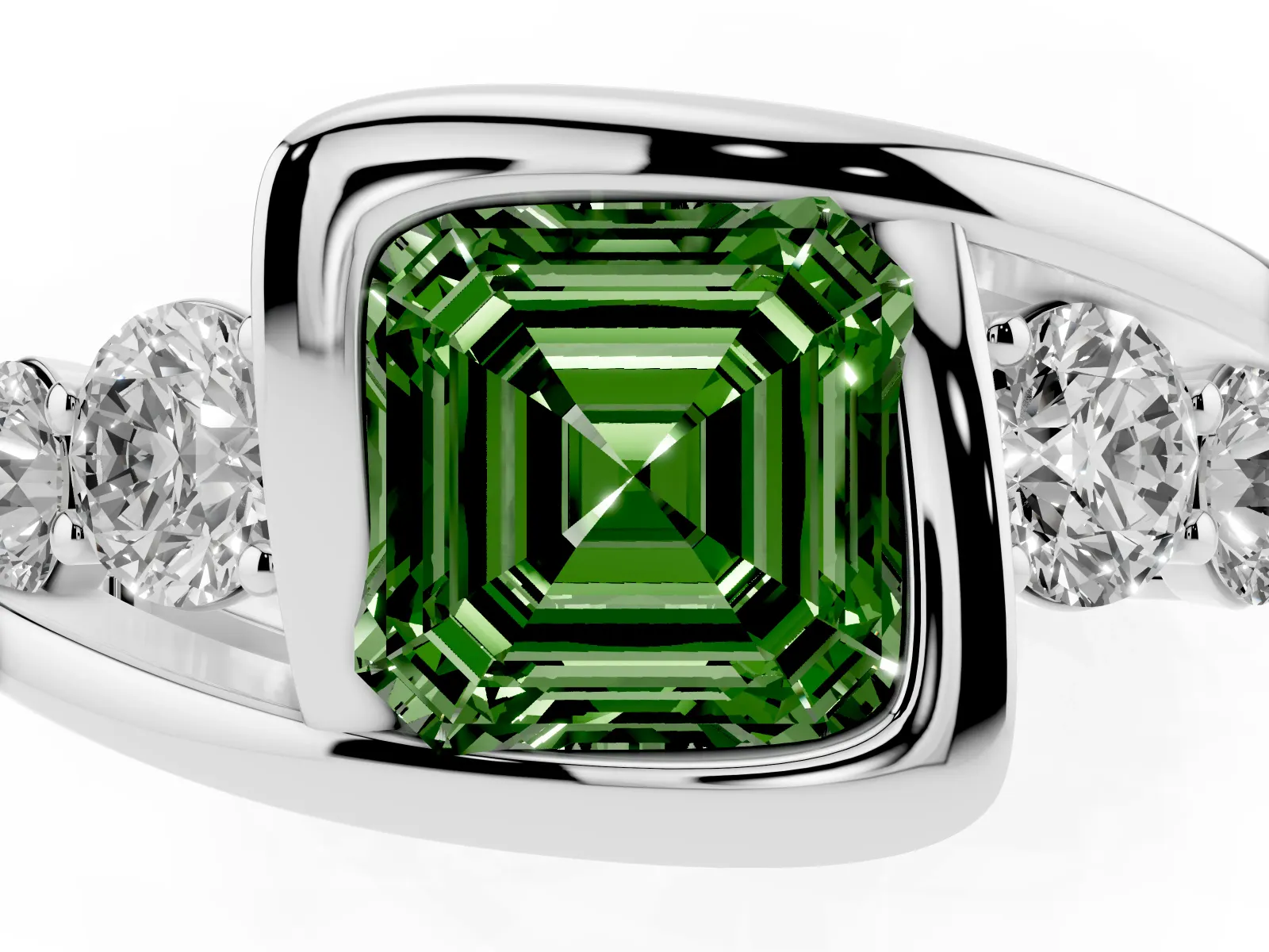 Fancy Green Bezel Set Asscher Cut Diamond Bypass Ring with Round Accents Platinum